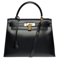 Gorgeous Hermes Kelly 28 sellier handbag strap in black box calf leather, GHW