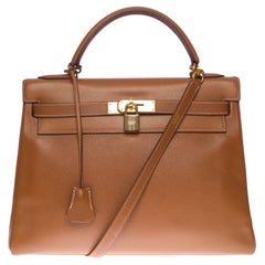 Gorgeous Hermès Kelly 32 retourne handbag strap in Gold Courchevel leather, GHW