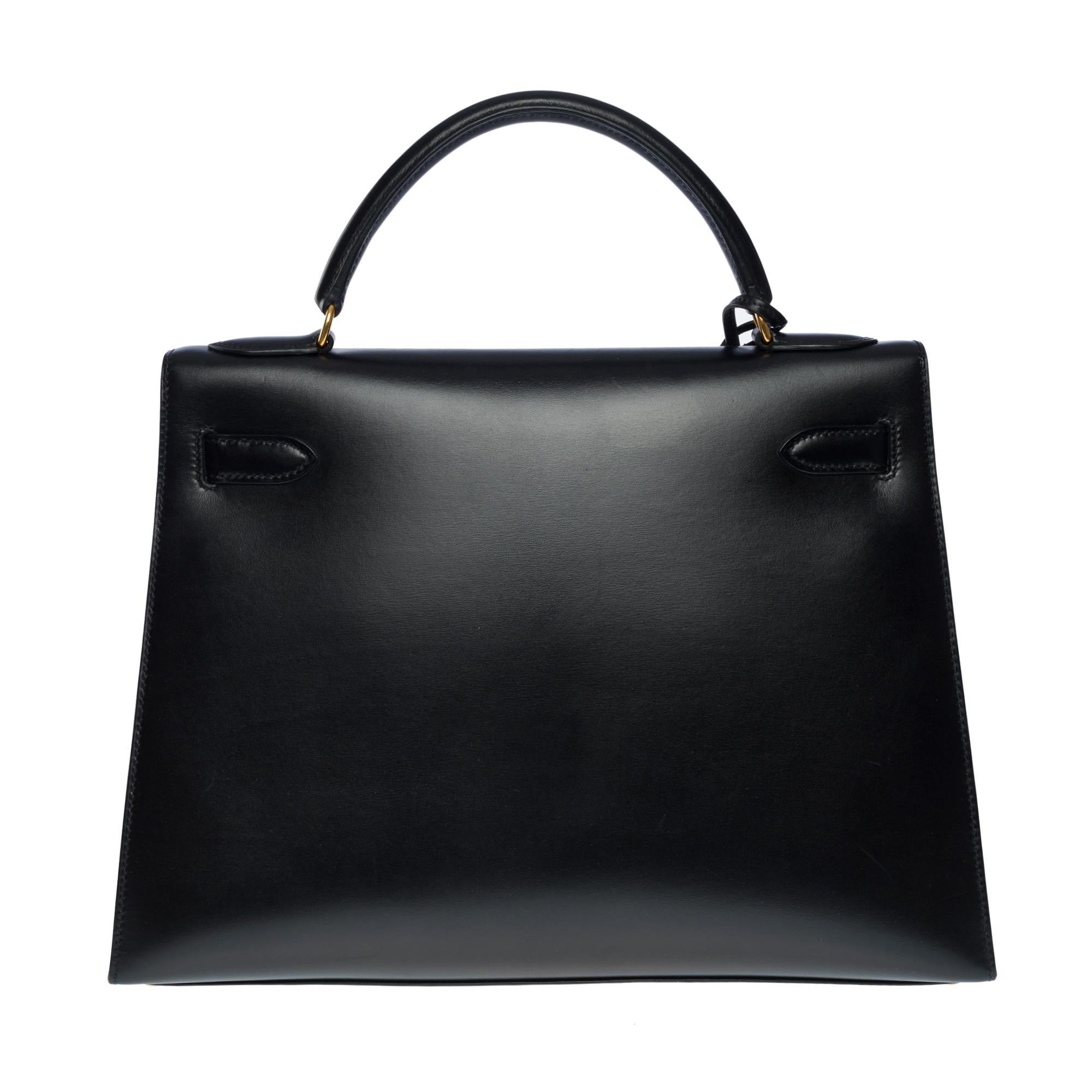 Black Gorgeous Hermès Kelly 32 sellier handbag strap in black box calf leather, GHW For Sale