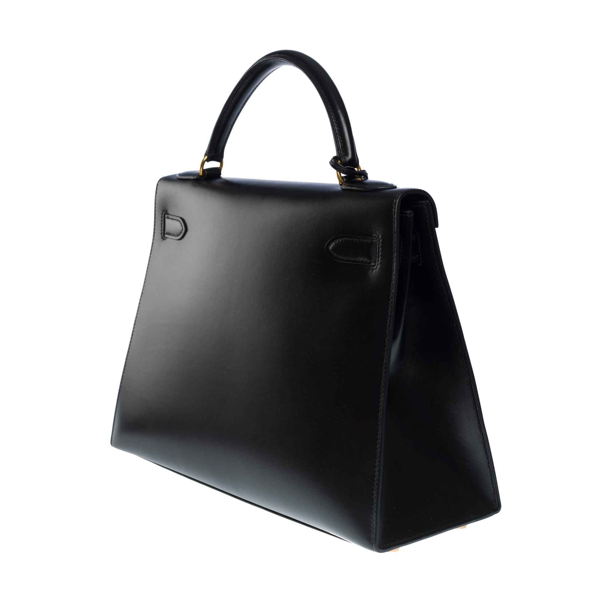 Women's Gorgeous Hermès Kelly 32 sellier handbag strap in black box calf leather, GHW For Sale
