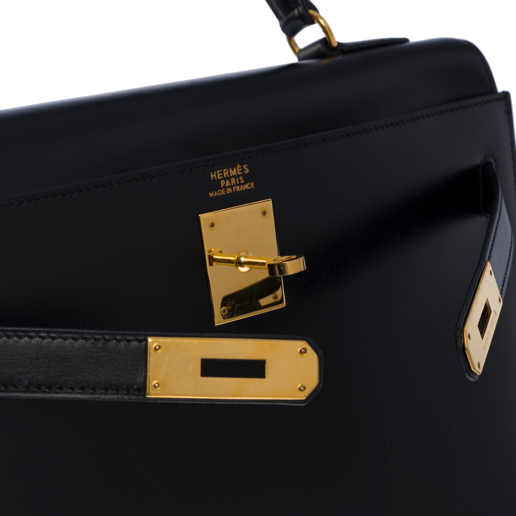 Gorgeous Hermès Kelly 32 sellier handbag strap in black box calf leather, GHW For Sale 1