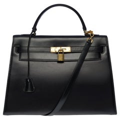 Wunderschöne Hermès Kelly 32 Sellier Handtasche mit schwarzem Kasten aus Kalbsleder, GHW