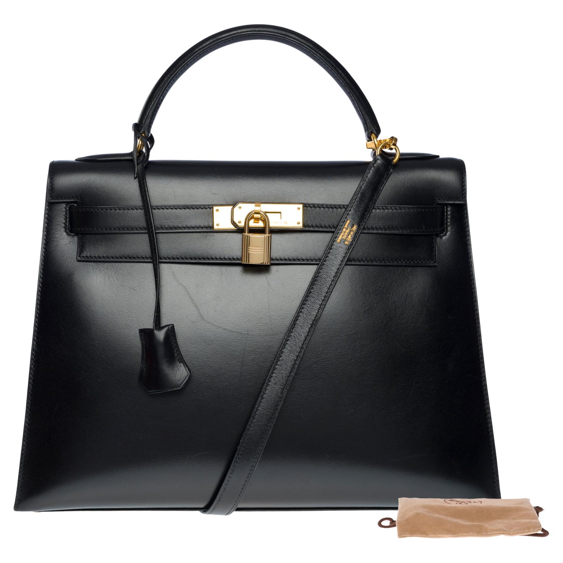Gorgeous Hermès Kelly 32 sellier handbag strap in black box calf leather, GHW For Sale