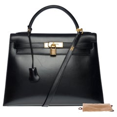 Splendida borsa Hermès Kelly 32 sellier con tracolla in pelle di vitello nera, GHW