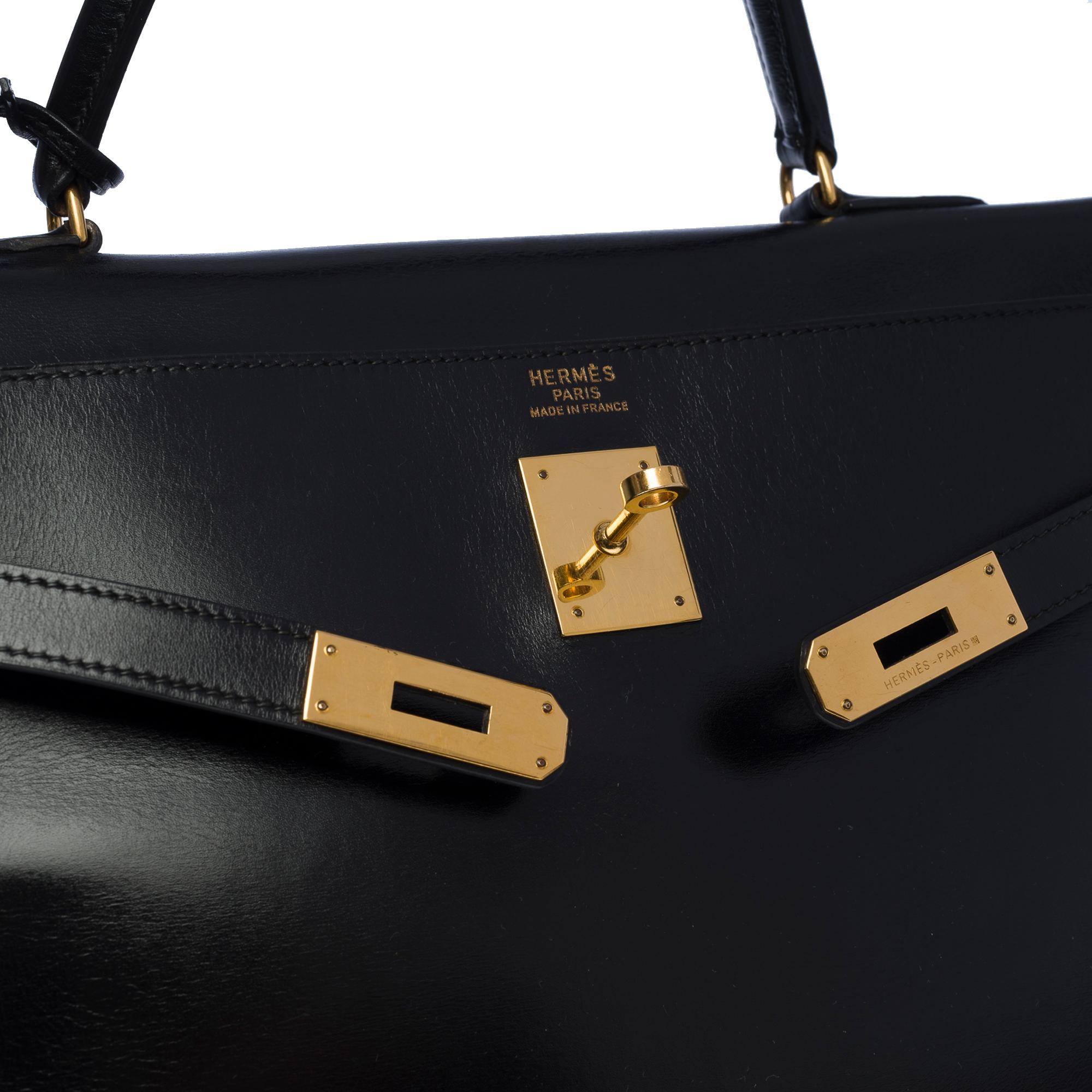 Women's or Men's Gorgeous Hermès Kelly 35 retourne handbag strap in black calfskin leather, GHW