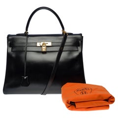 Superbe sangle de sac à main Hermès Kelly 35 retourne en cuir de veau noir, GHW