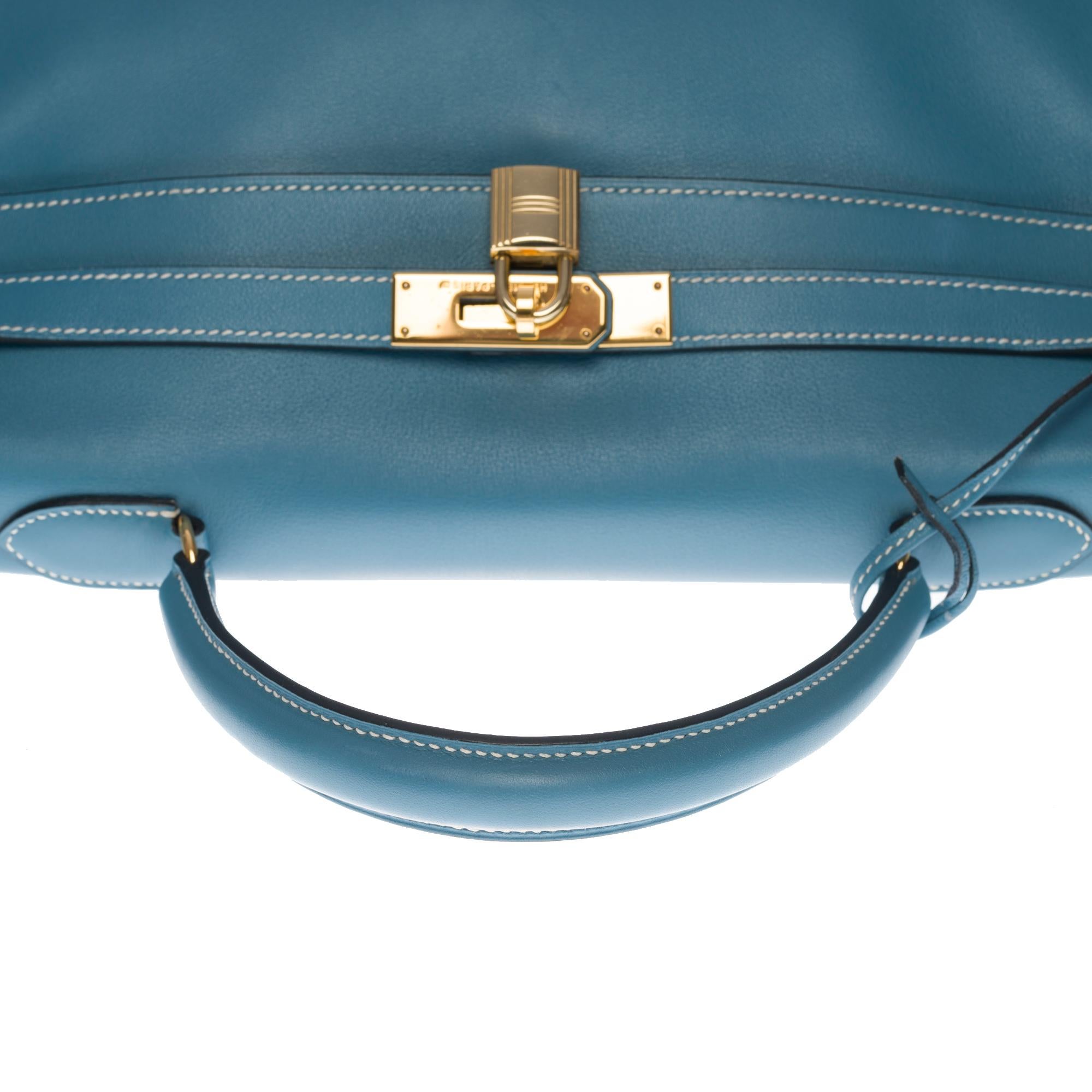 Women's or Men's Gorgeous Hermès Kelly 35 retourné handbag strap in blue jeans Swift leather, GHW