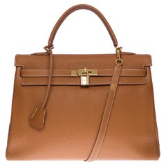 Superbe sangle de sac à main Hermès Kelly 35 retourné en cuir Gold Togo, GHW