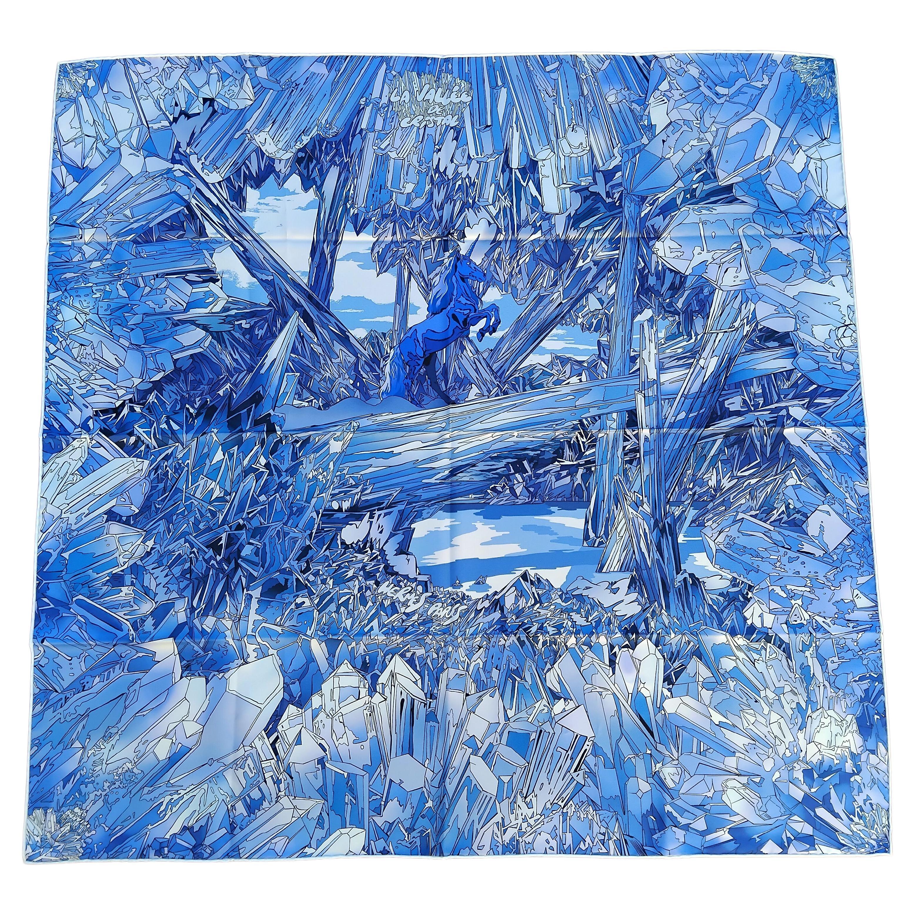 Gorgeous Hermès Silk Scarf La Vallee de Cristal Blue Ugo Bienvenu 88 cm For Sale