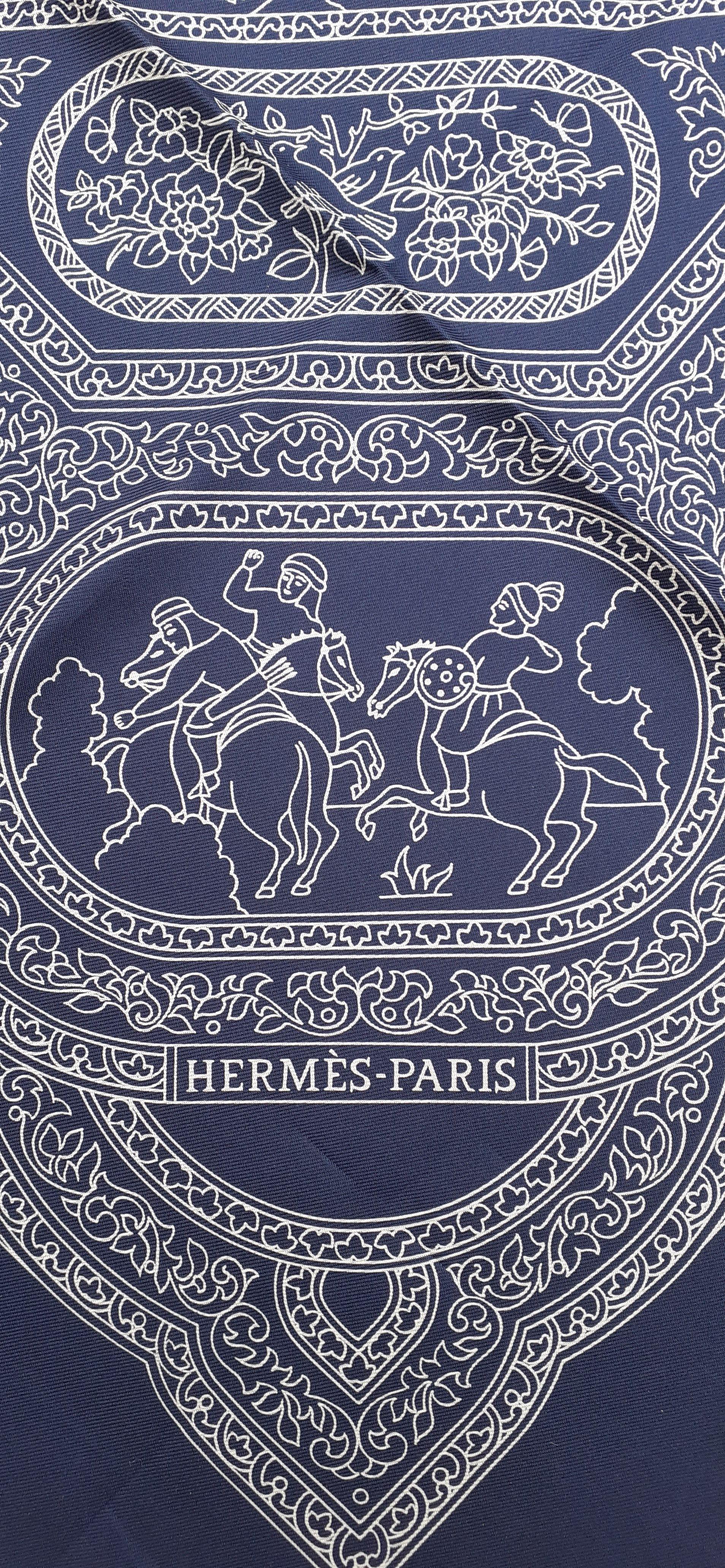 Women's Gorgeous Hermès Silk Scarf Qalamdan Persian Iran Navy Blue 90 cm