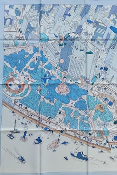 Gorgeous Hermès Silk Scarf The Battery New York Ugo Gattoni Blue 90 cm