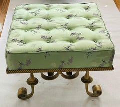Gorgeous Hollywood Regency Silk Tufted Ottoman Scrolled Gold Metal Feet