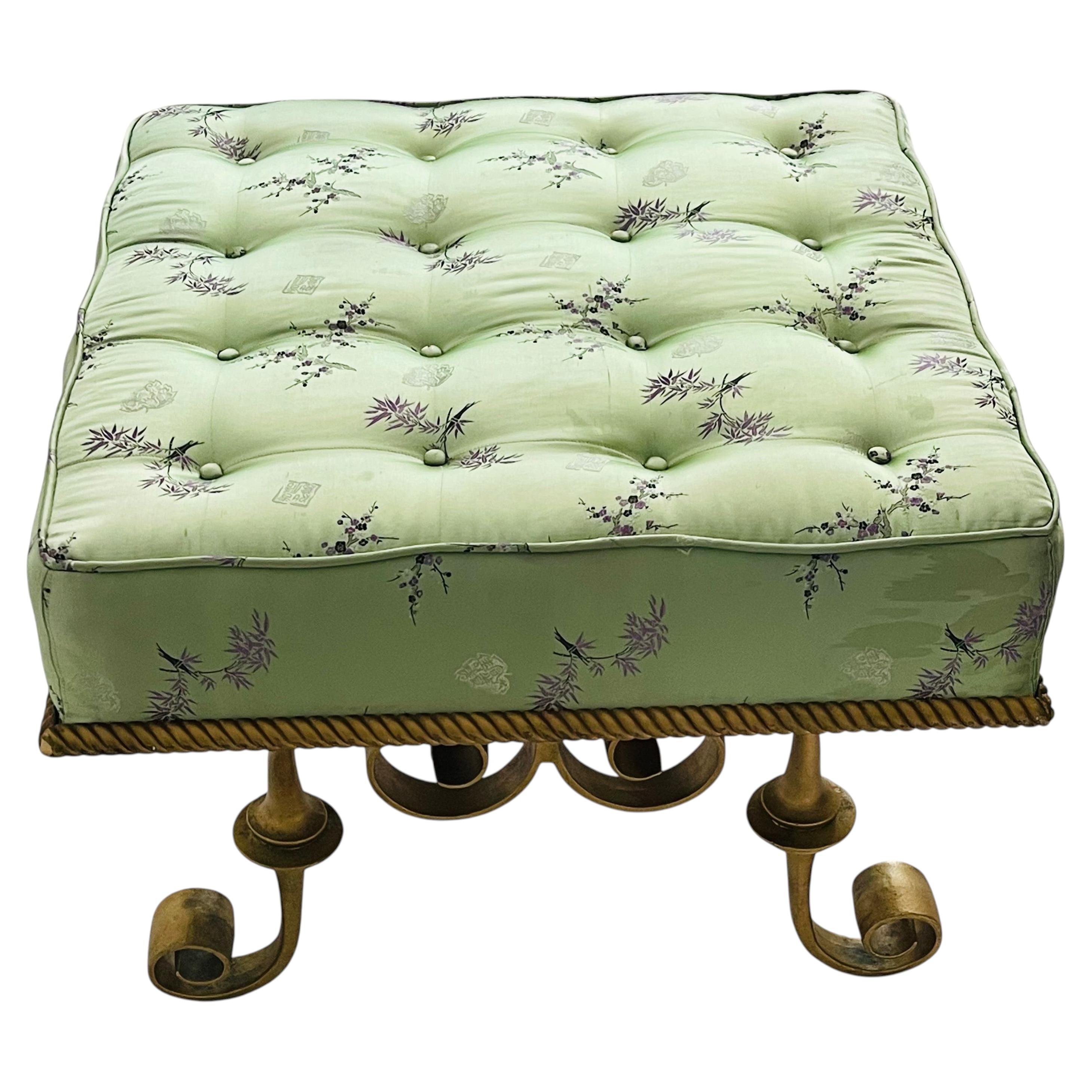 Gorgeous Hollywood Regency Silk Tufted Ottoman Scrolled Gold Metal Feet