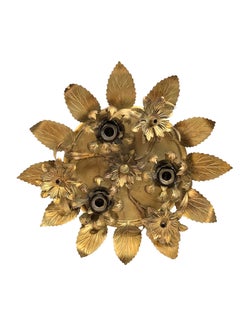 Gorgeous Honsel Gilt Leaf Tole Flush Mount Light Hollywood Regency, 1960s