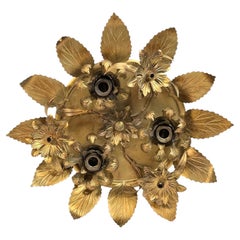 Gorgeous Honsel Gilt Leaf Tole Flush Mount Light Hollywood Regency, 1960s