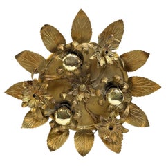 Gorgeous Honsel Gilt Leaf Tole Flush Mount Light Hollywood Regency, 1960s