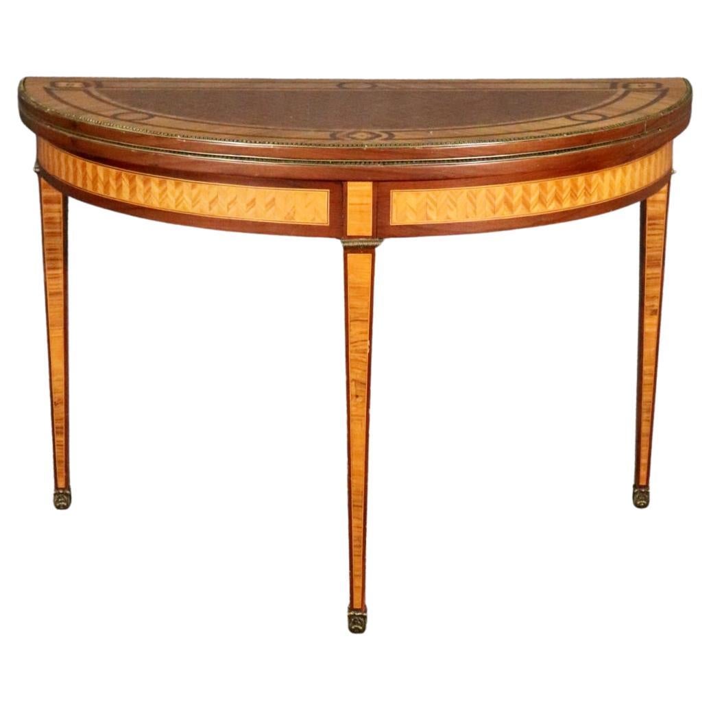 Magnifique table console demi-lune en bois de citronnier marqueté de style Louis XVI 