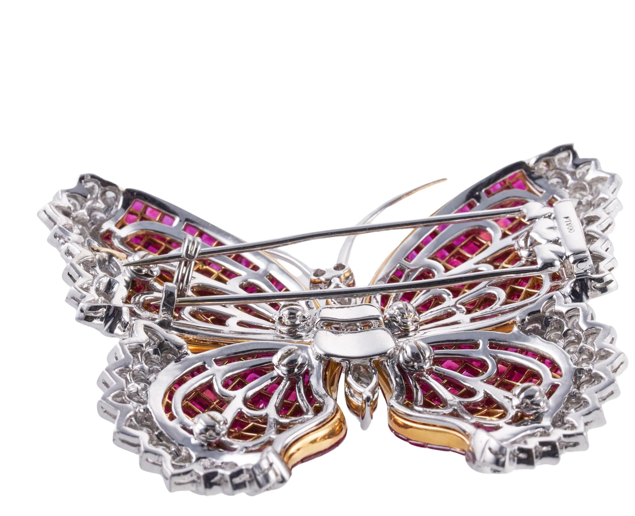 Round Cut Gorgeous Invisible Set Ruby Diamond Platinum Gold Butterfly Brooch