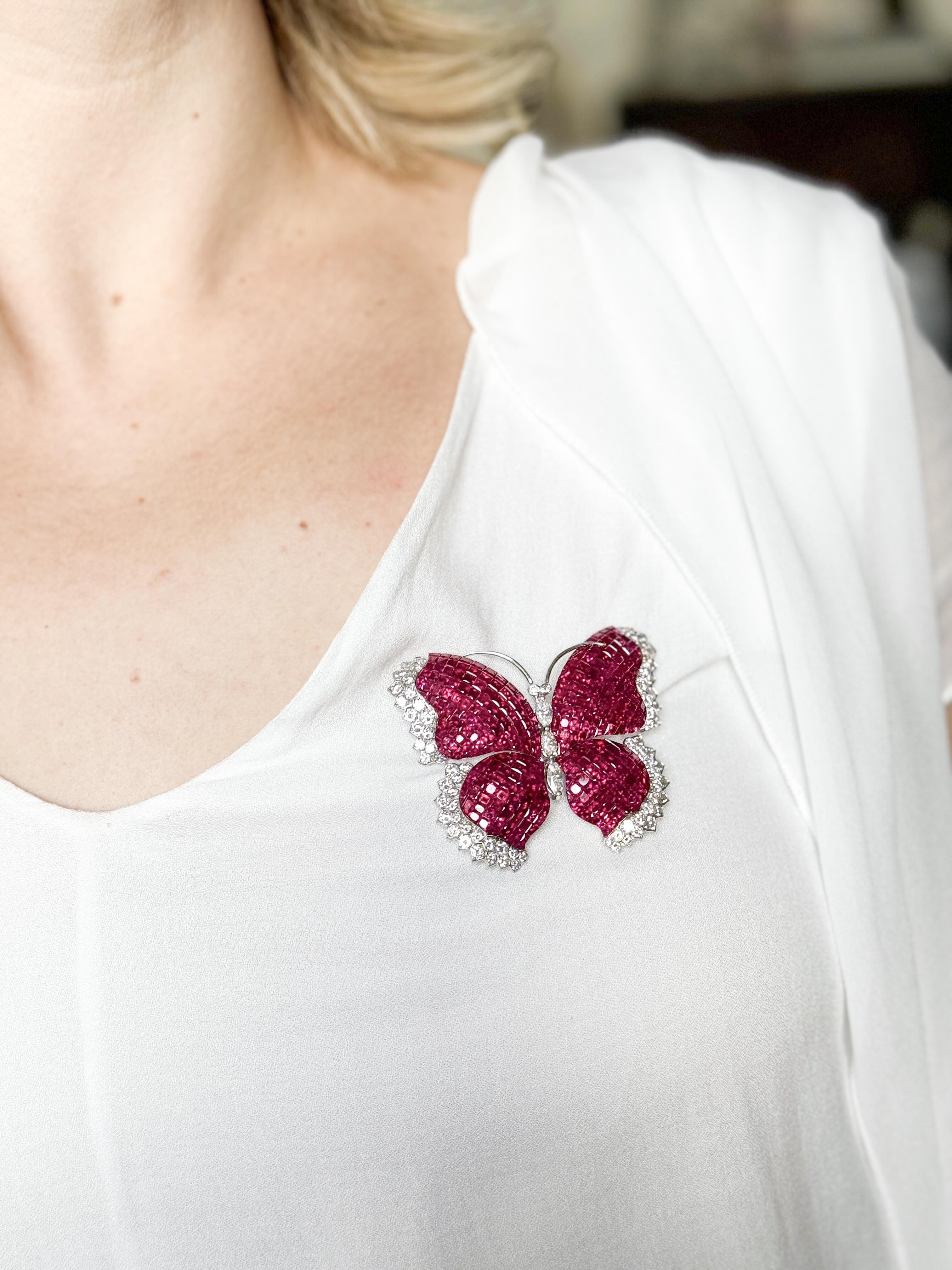 Gorgeous Invisible Set Ruby Diamond Platinum Gold Butterfly Brooch For Sale 3