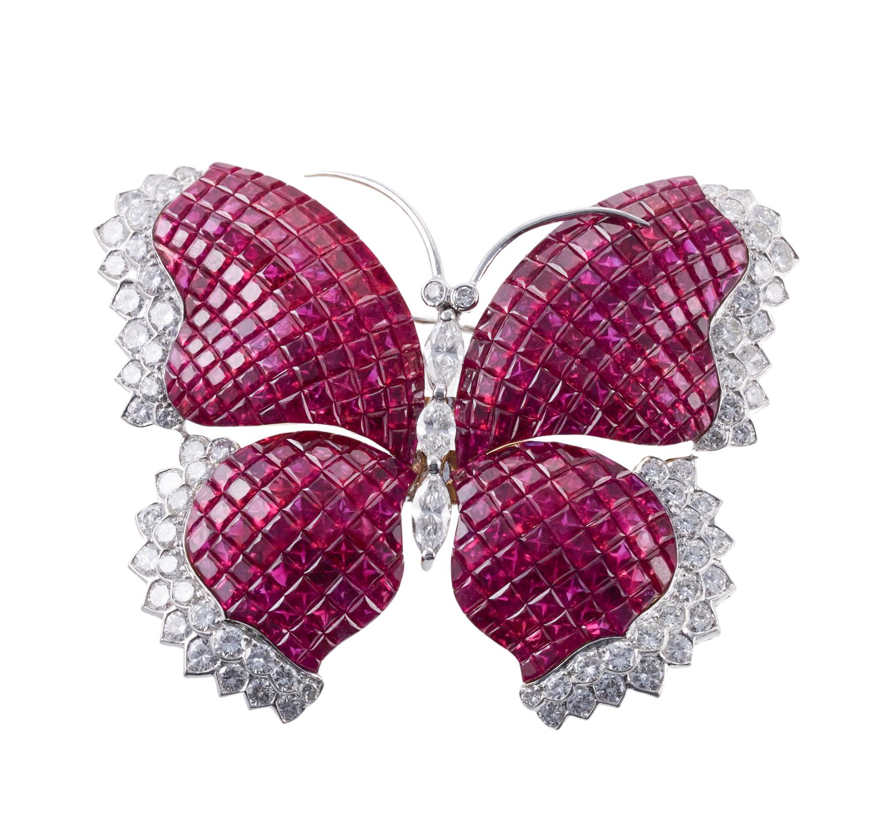 Gorgeous Invisible Set Ruby Diamond Platinum Gold Butterfly Brooch For Sale