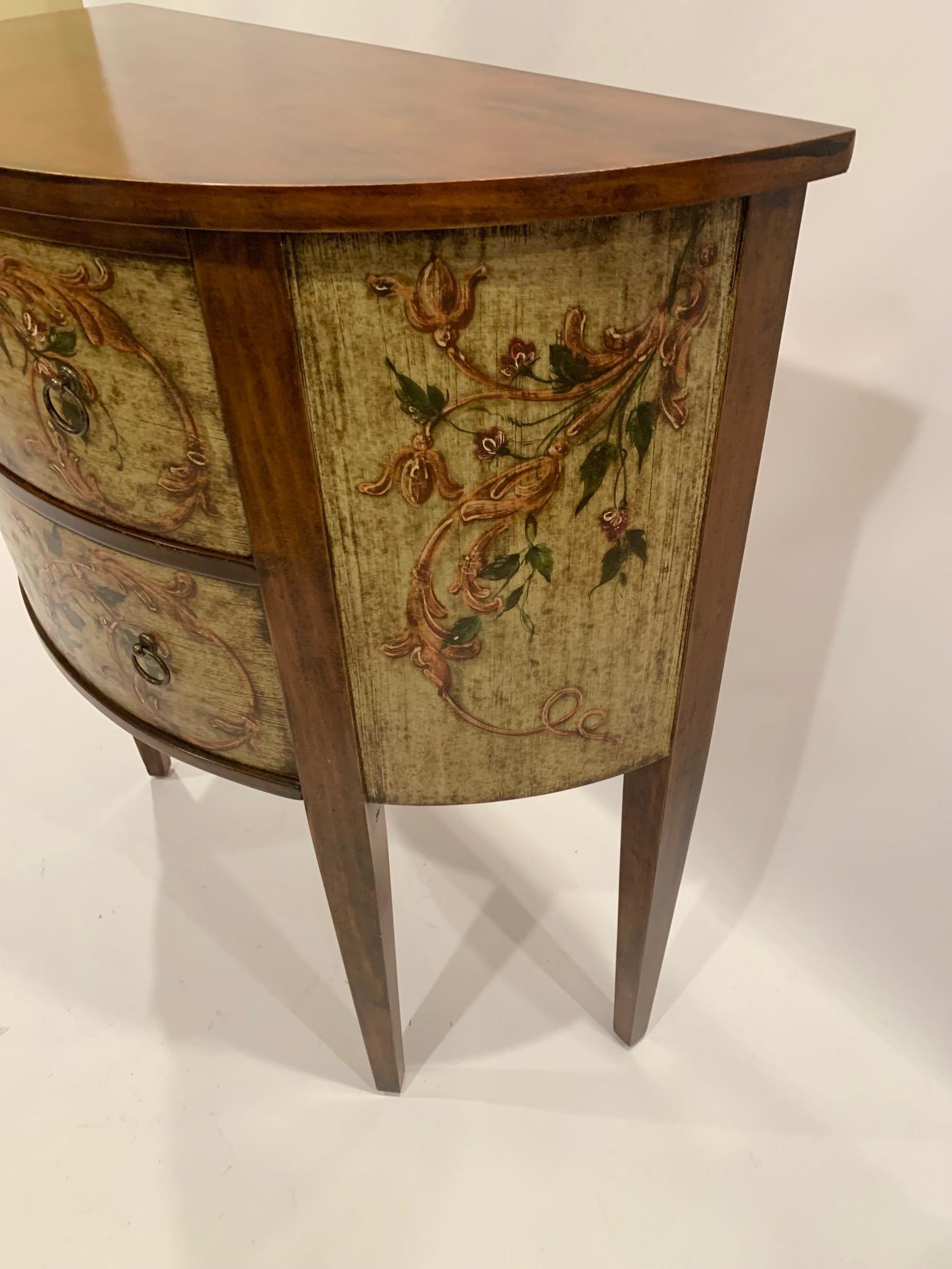 Gorgeous Italian Fruitwood Demilune Console with Pretty Painted Decoration In Good Condition In Hopewell, NJ