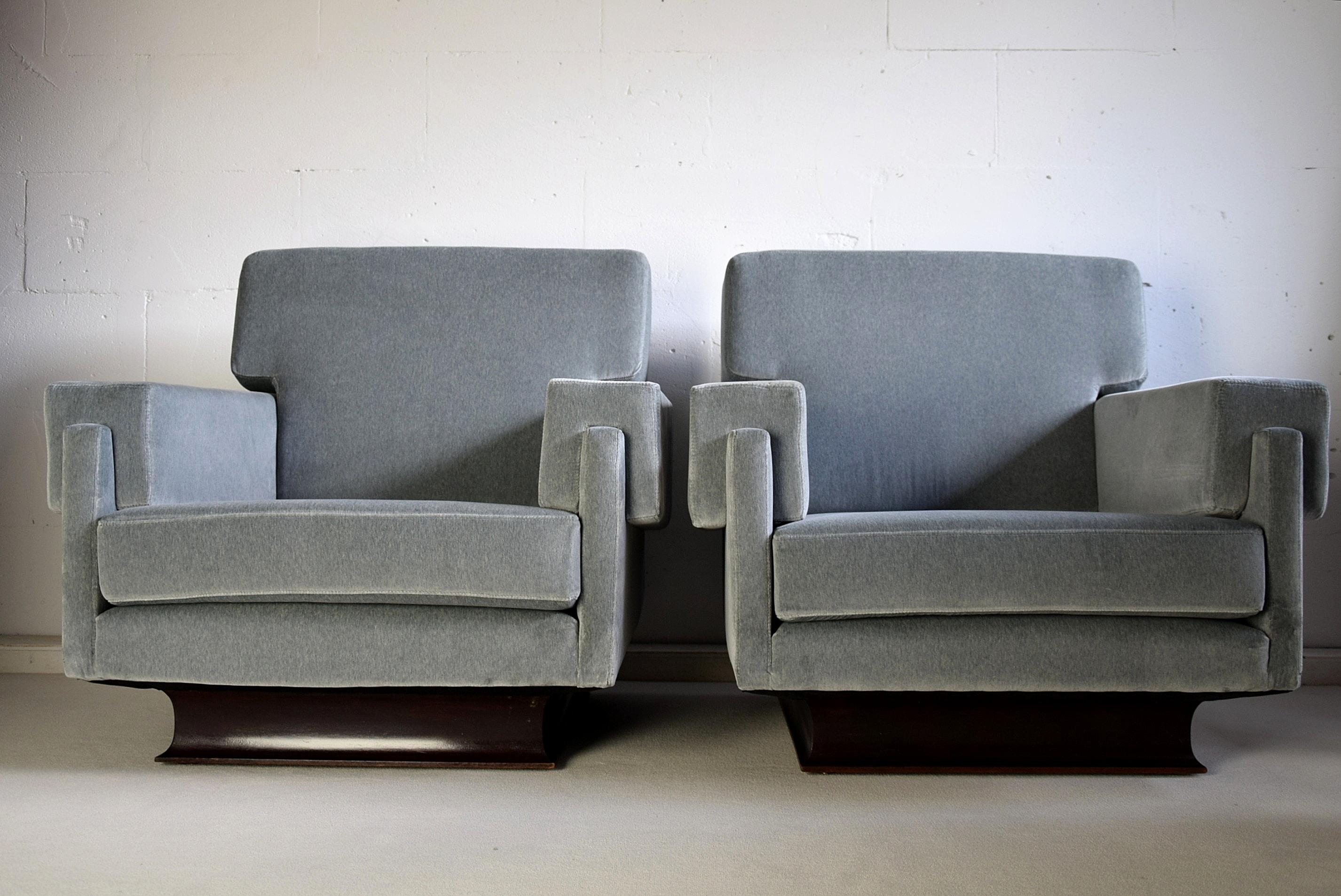 Cotton Italian Grey Blue Mid-Century Modern Lounge Chairs