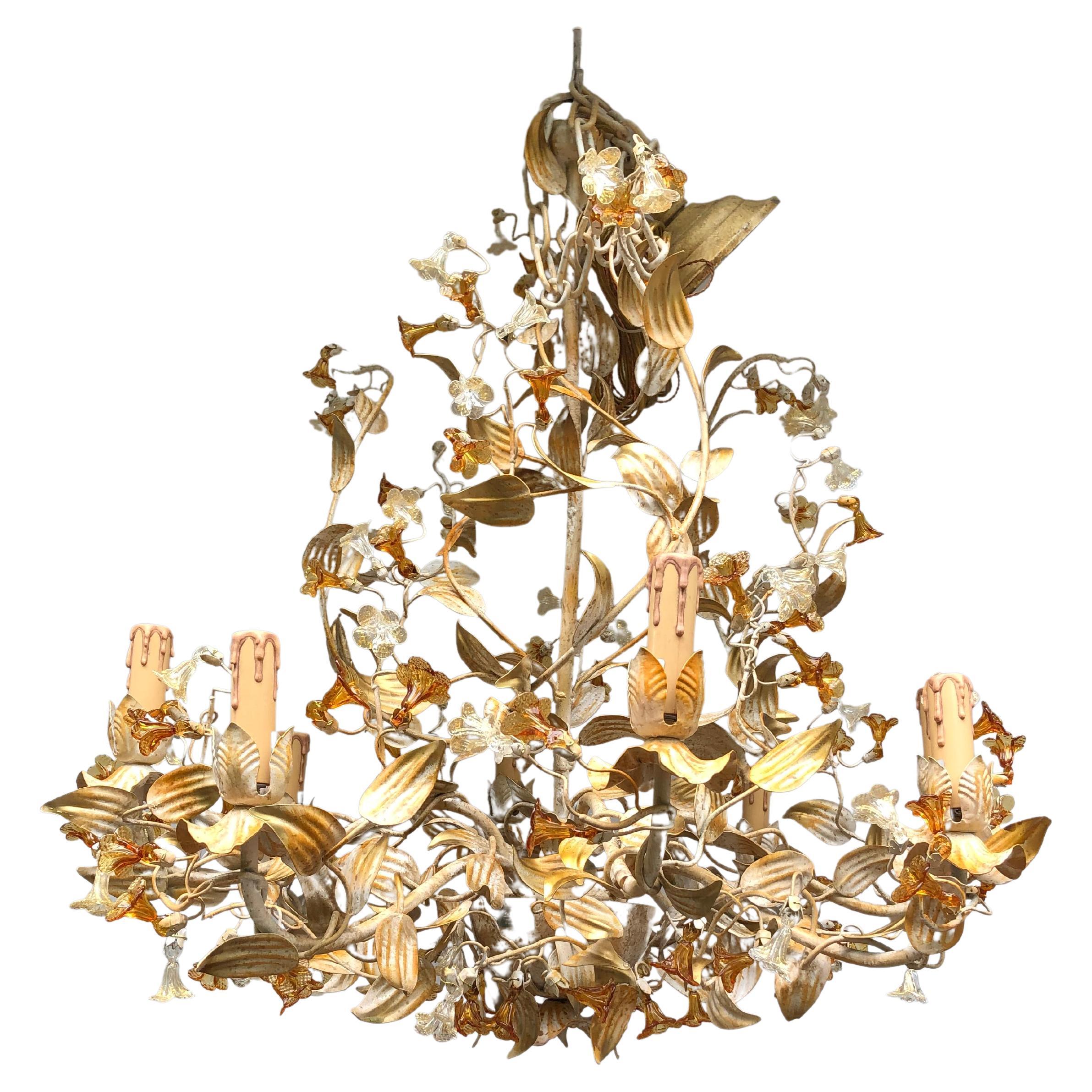 Gorgeous Italian Painted Metal & Murano Glass 8 Arm Chandelier