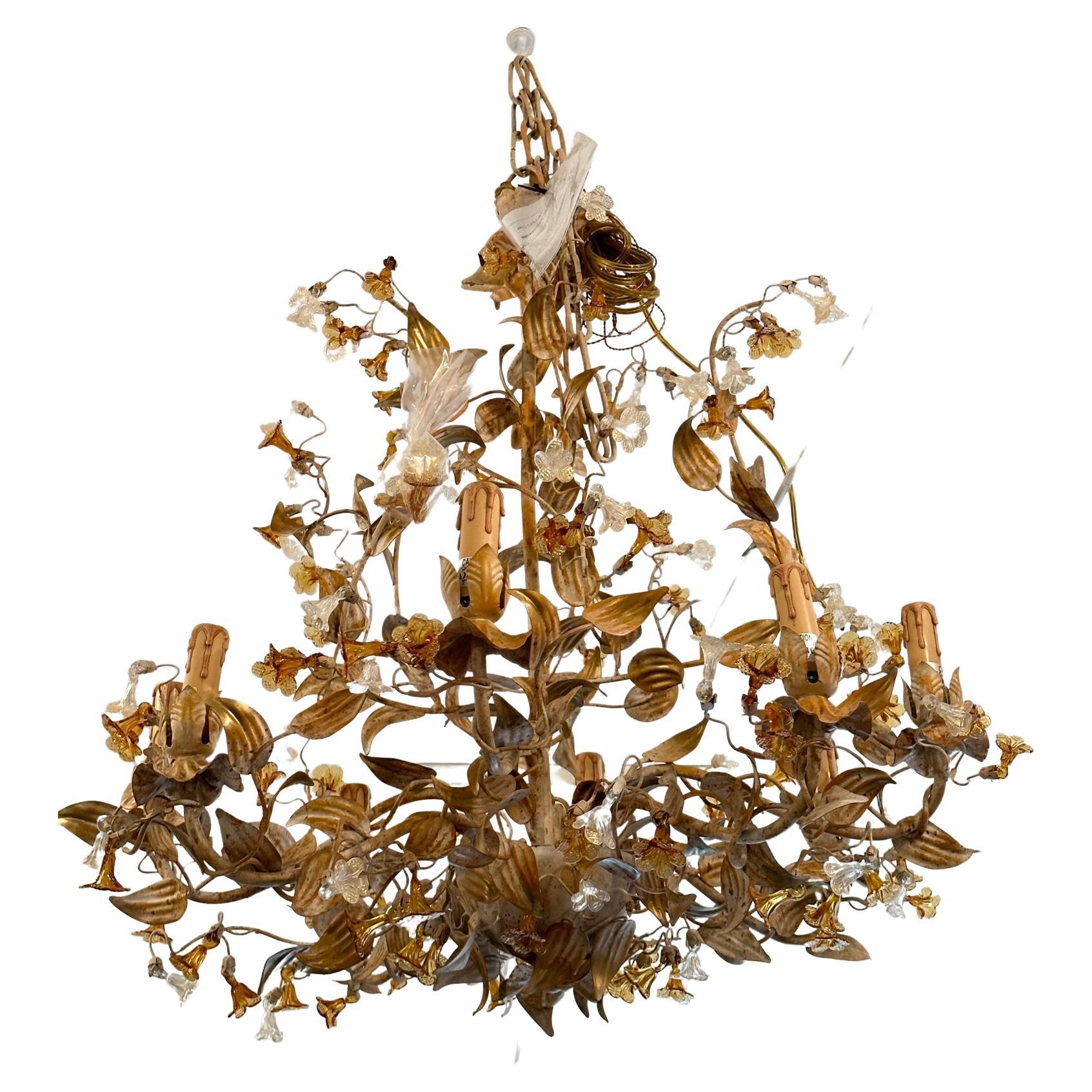 Gorgeous Italian Painted Metal & Murano Glass 8 Arm Chandelier