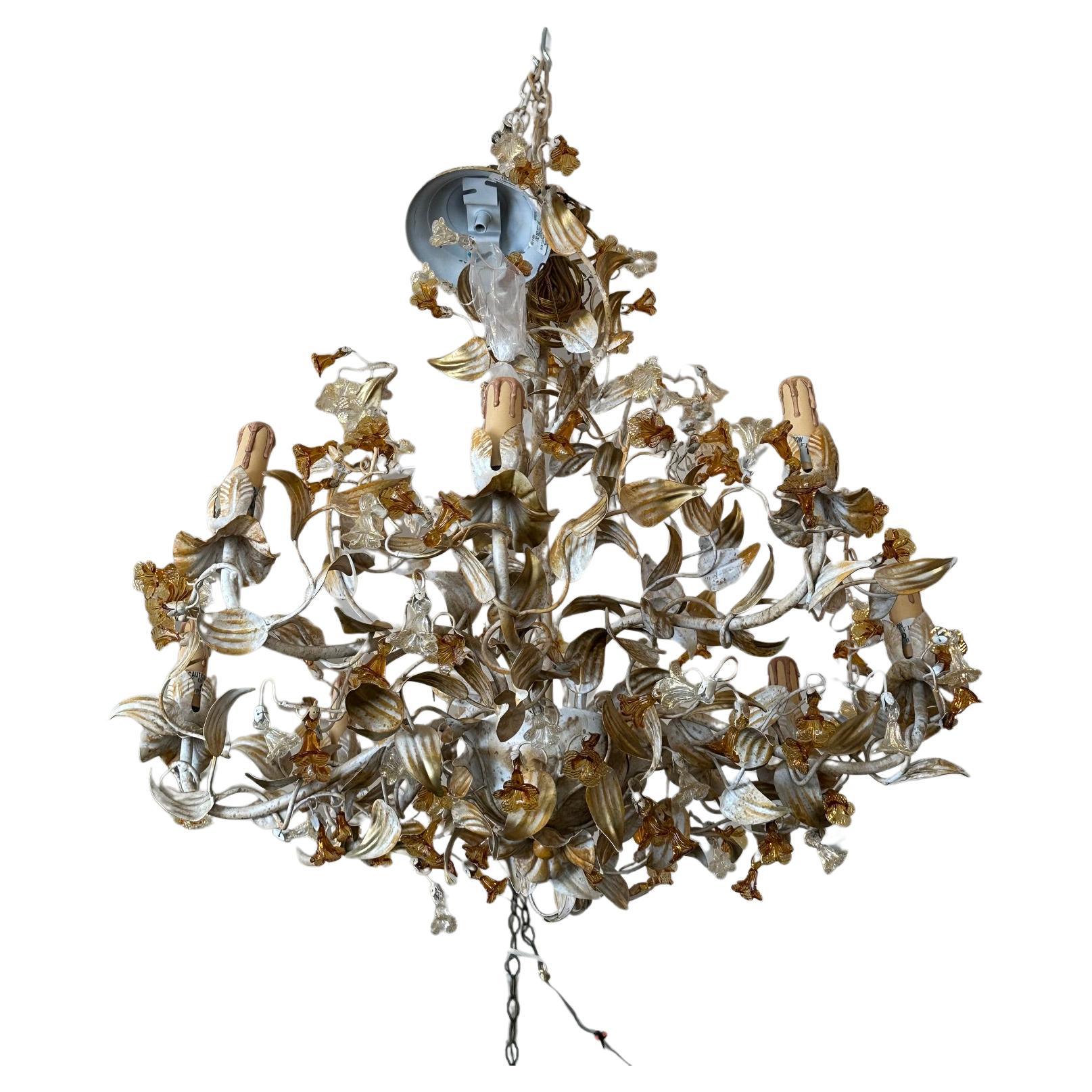 Gorgeous Italian Painted Metal & Murano Glass 8 Arm Chandelier
