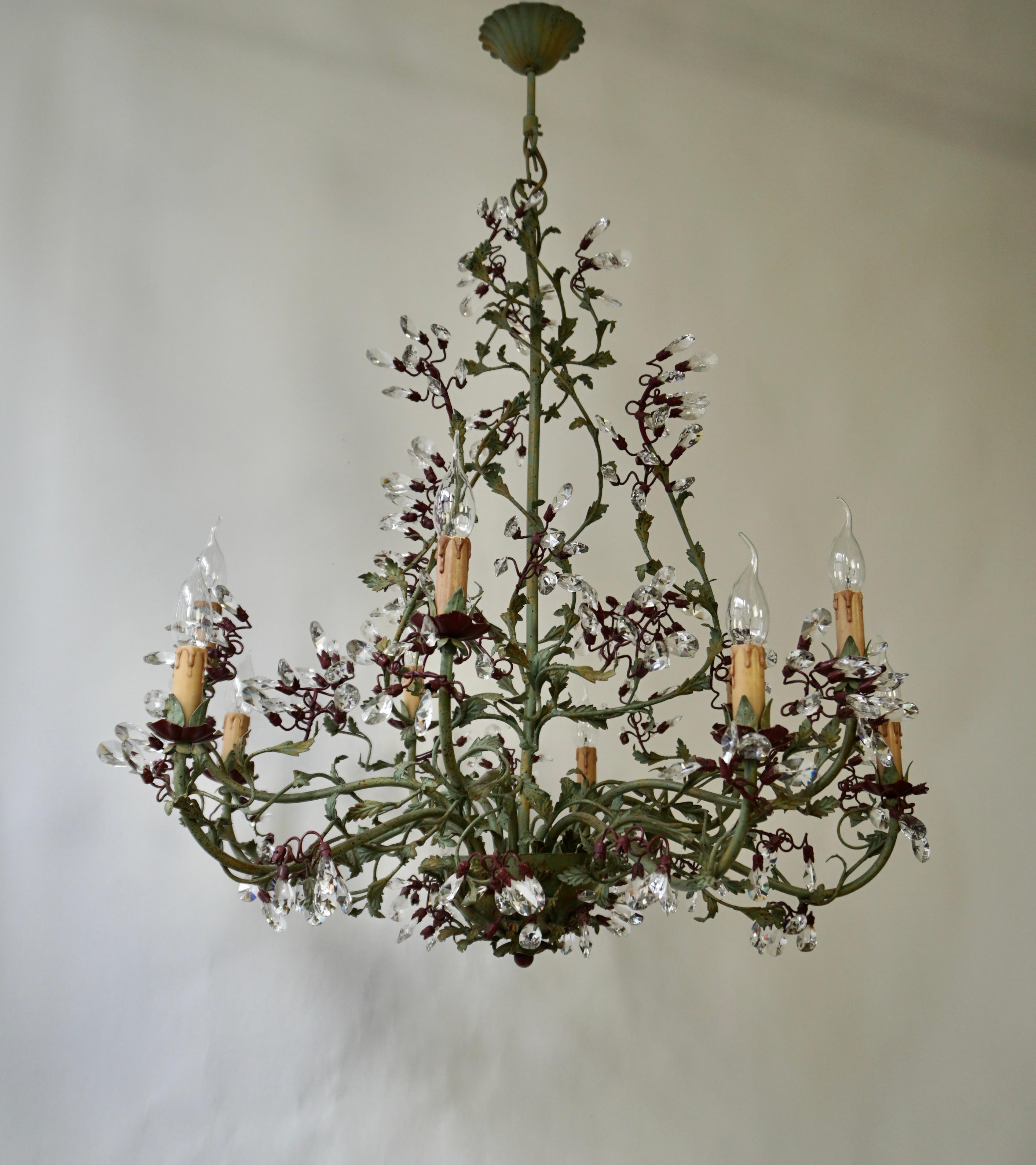 Gorgeous Italian Painted Metal & Murano Glass Crystal 10 Arm Chandelier For Sale 5
