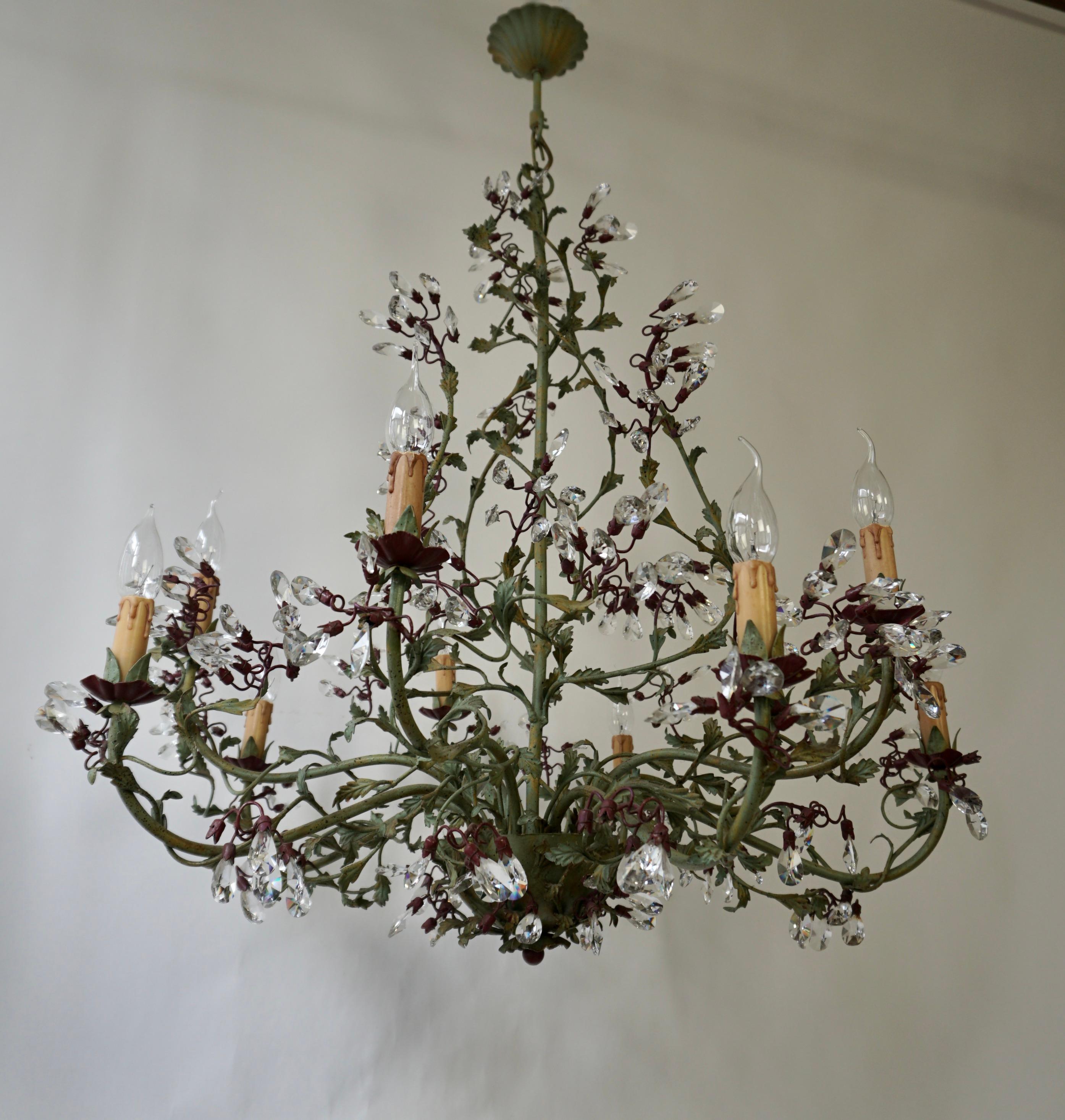 Mid-Century Modern Gorgeous Italian Painted Metal & Murano Glass Crystal 10 Arm Chandelier For Sale