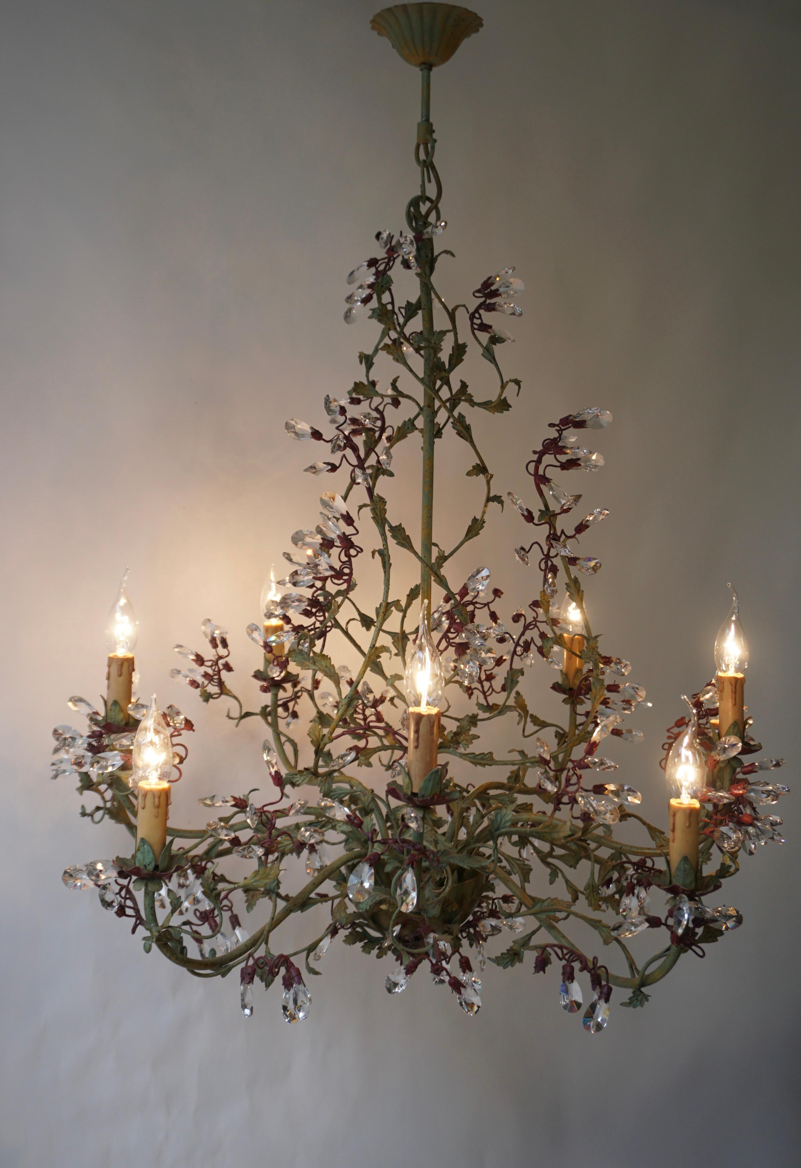 Gorgeous Italian Painted Metal & Murano Glass Crystal 10 Arm Chandelier For Sale 2