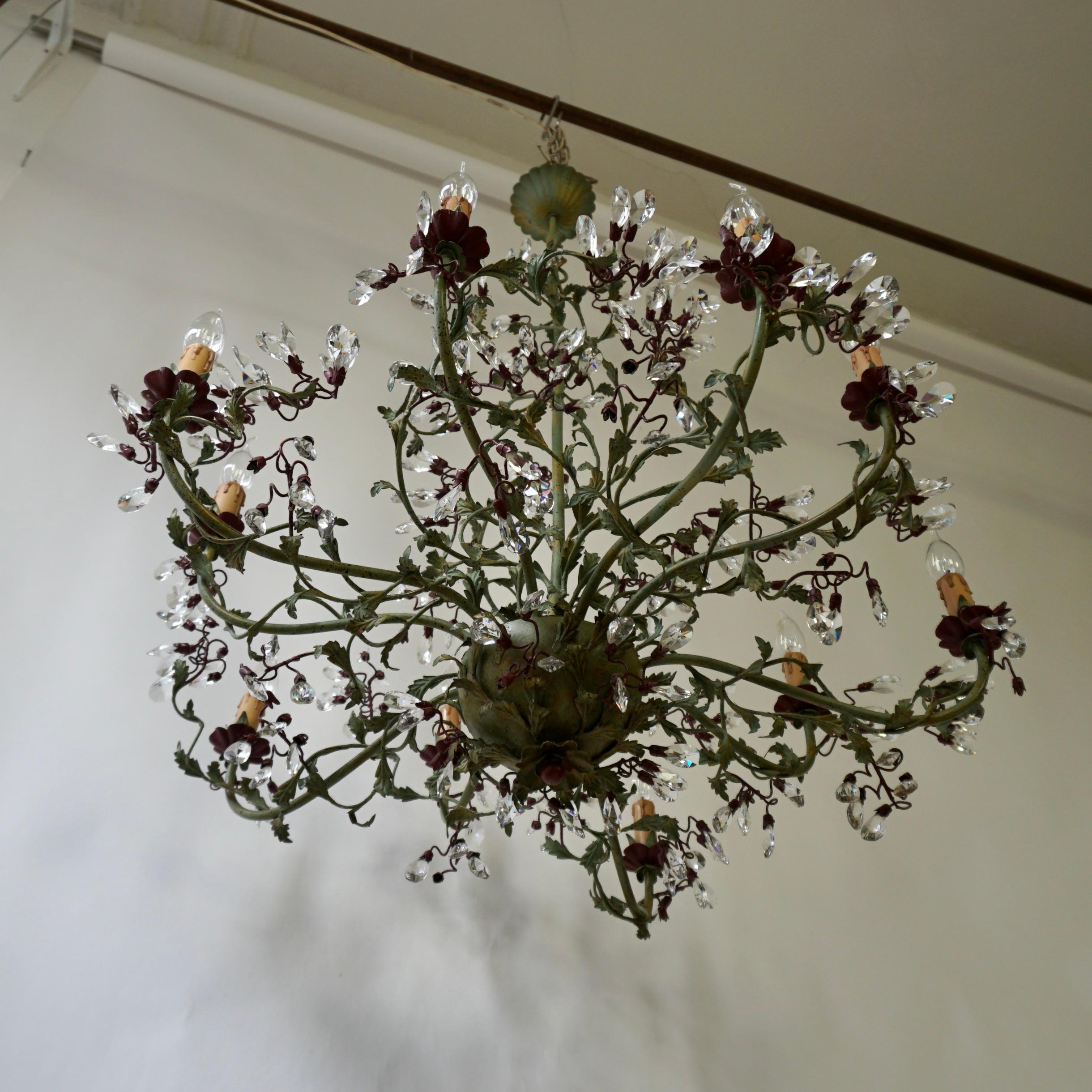 Gorgeous Italian Painted Metal & Murano Glass Crystal 10 Arm Chandelier For Sale 3
