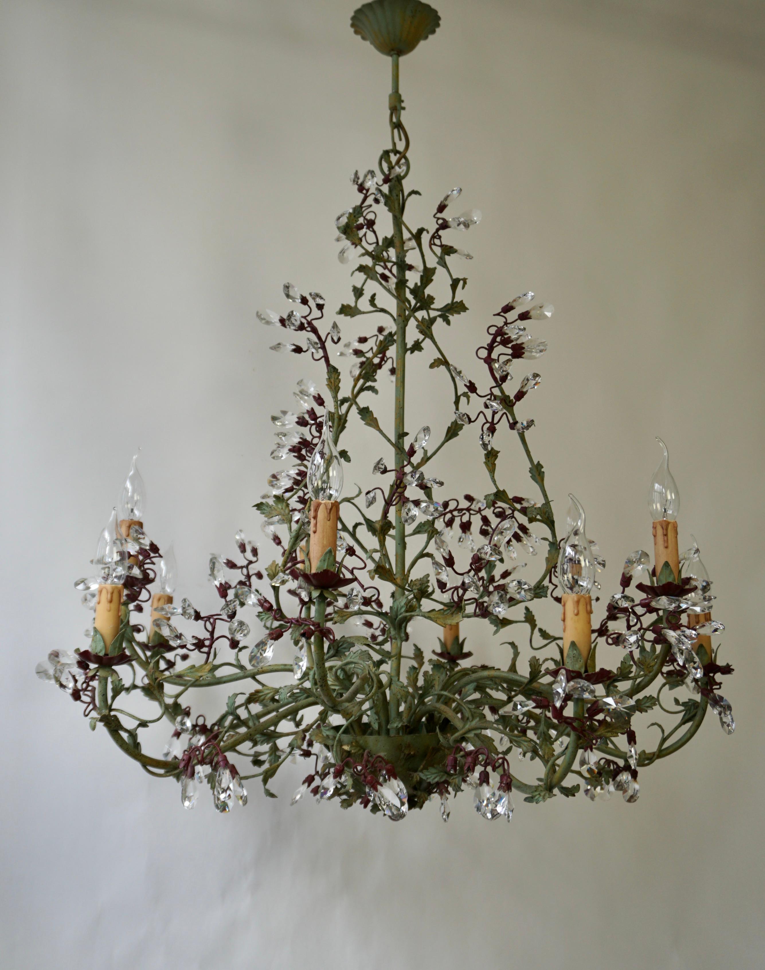 Gorgeous Italian Painted Metal & Murano Glass Crystal 10 Arm Chandelier For Sale 4