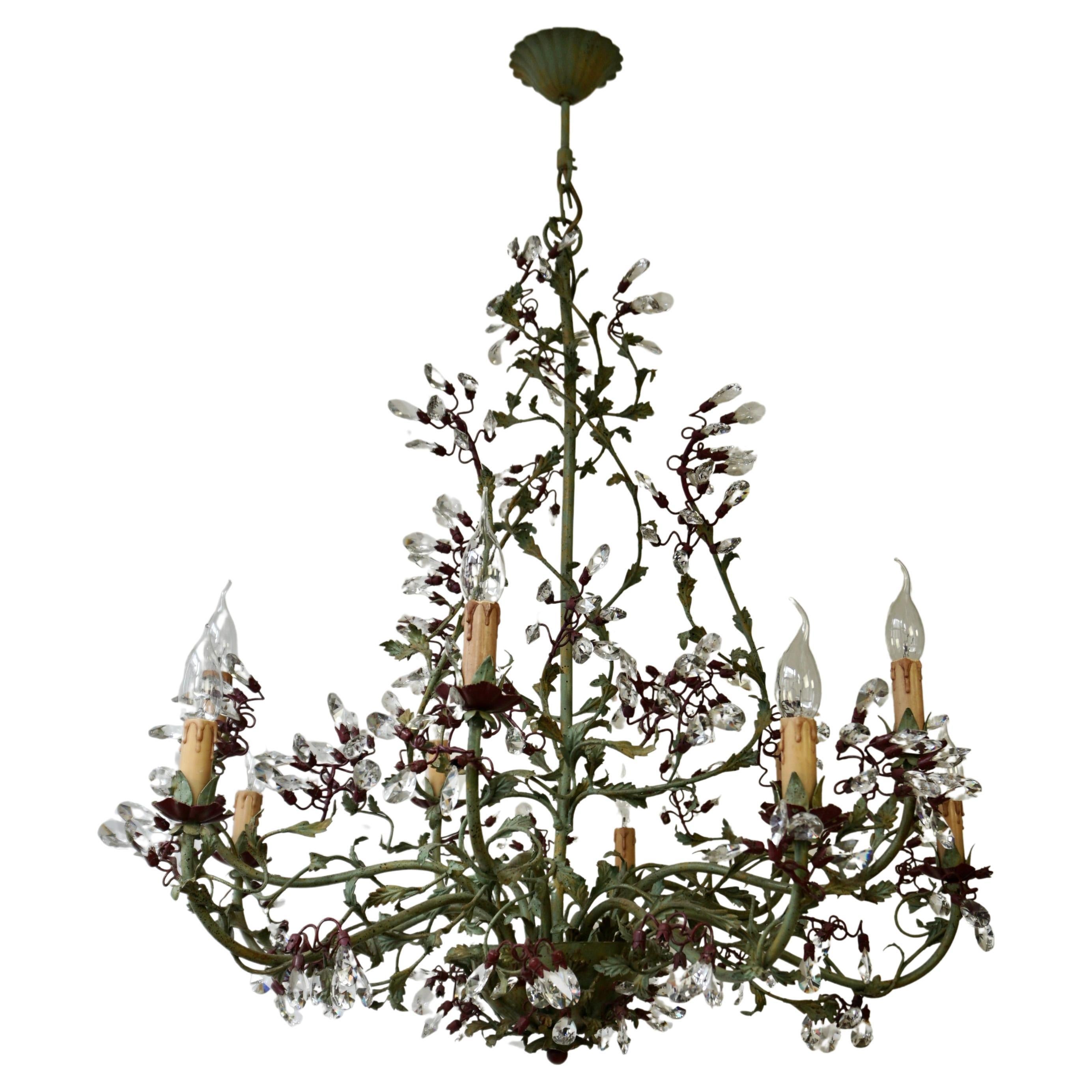 Gorgeous Italian Painted Metal & Murano Glass Crystal 10 Arm Chandelier For Sale
