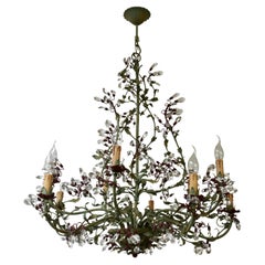 Gorgeous Italian Painted Metal & Murano Glass Crystal 10 Arm Chandelier