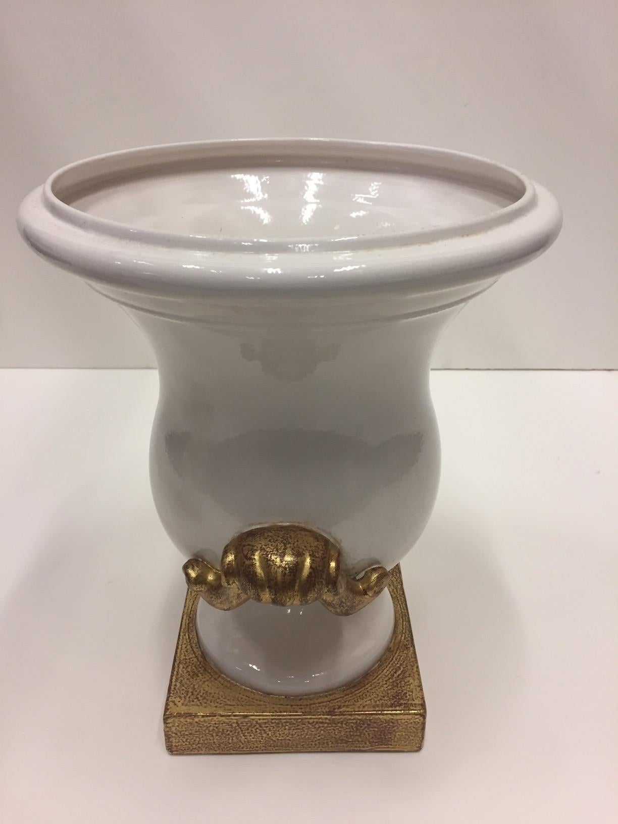 Neoclassical Gorgeous Italian Pair of Cream and Gold Ceramic Urns