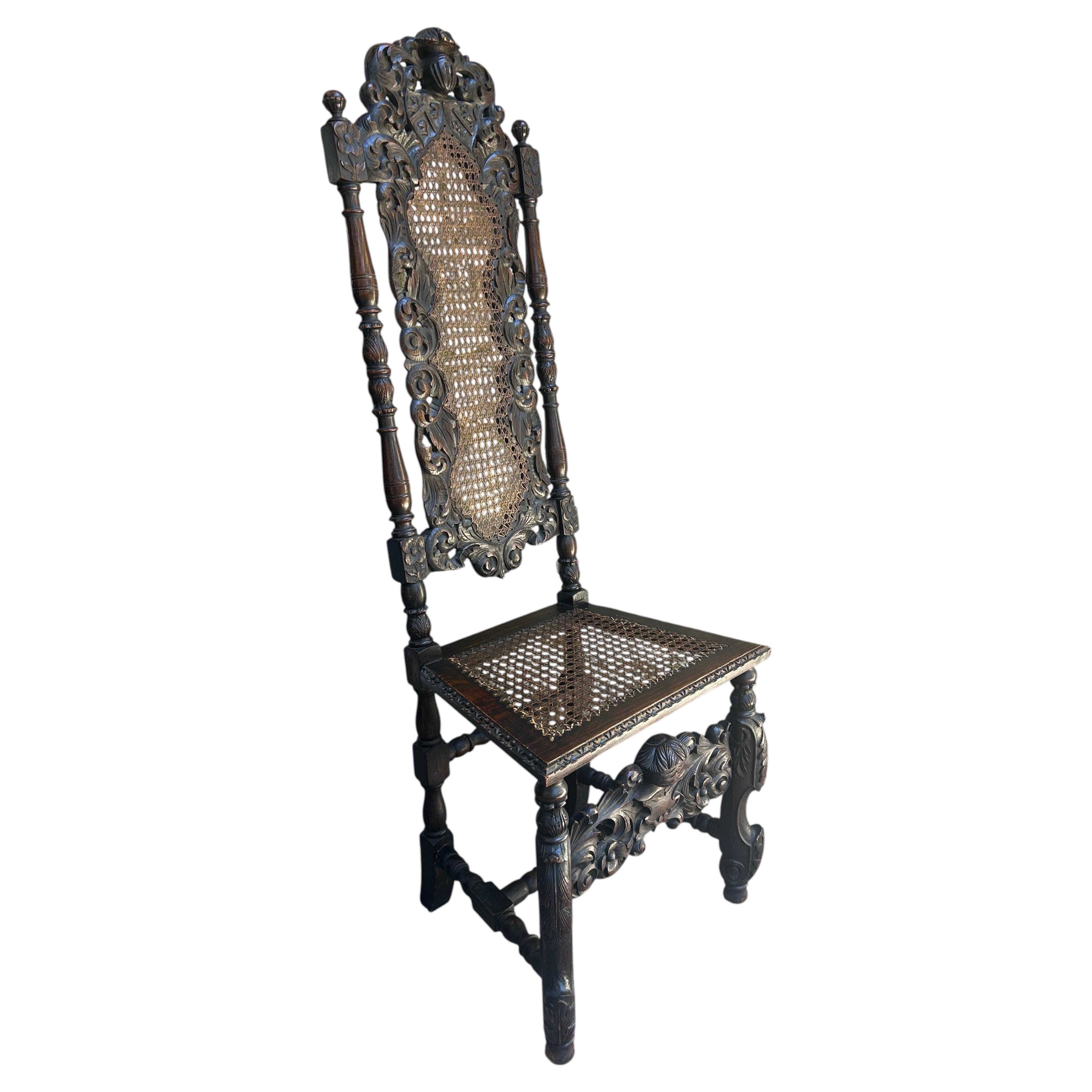 Gorgeous Jacobean Revival Caned Victorian Carved Oak Dining Desk Chair For Sale