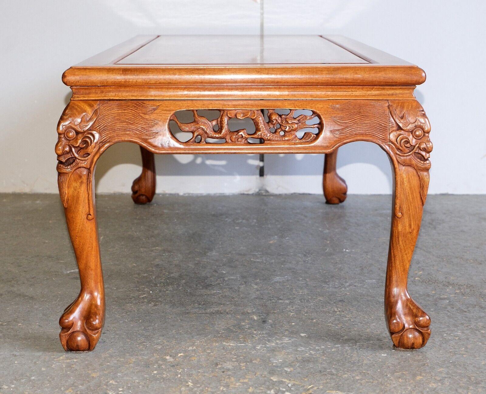 Chinese Export GORGEOUS JAPANESE CHiNESE HAND CARVED COFFEE TABLE WITH DRAGONS CLAW BALL FEET For Sale