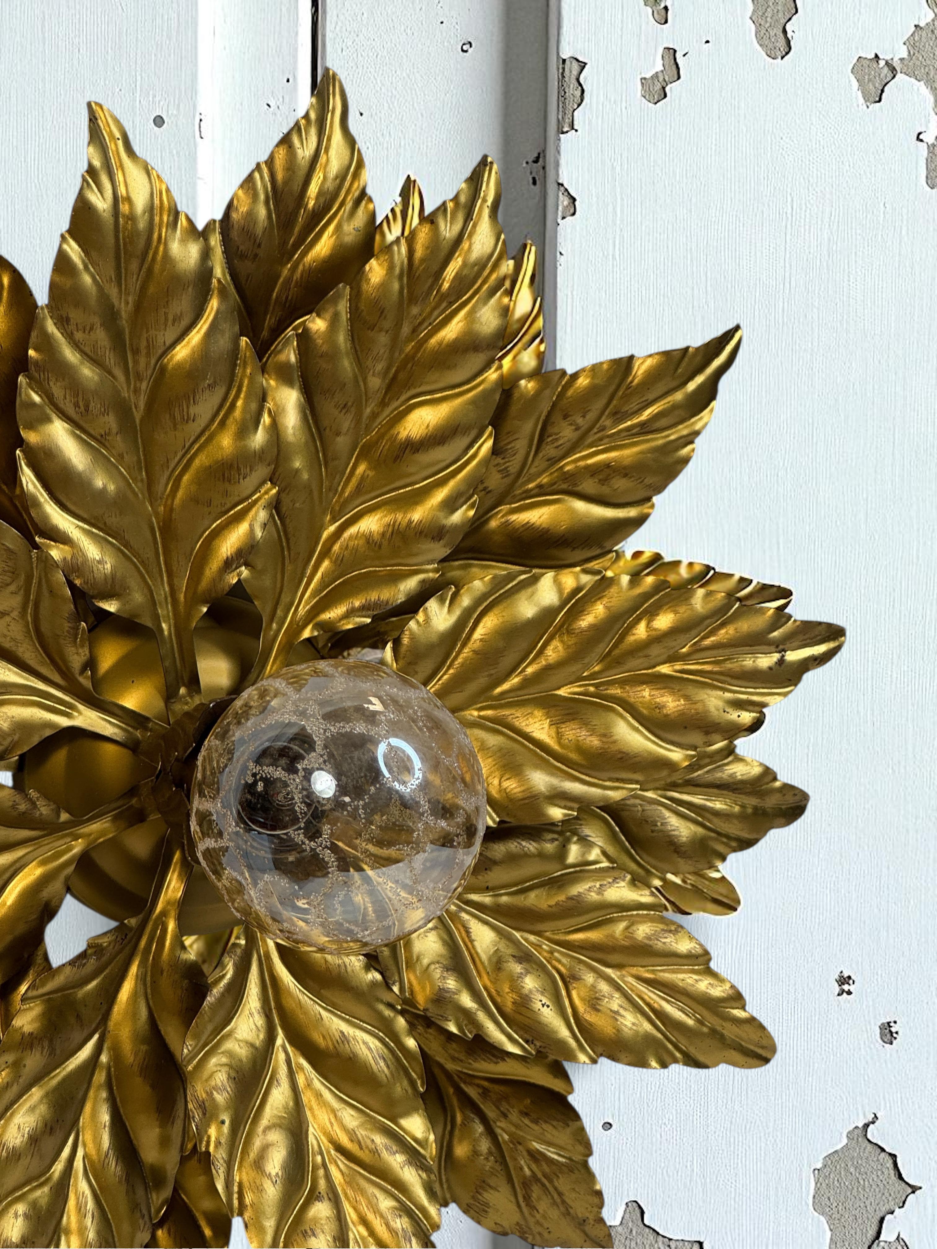 Gorgeous Kogl Koegl Gilt Leaf Tole Flush Mount Light Hollywood Regency, 1960s For Sale 6