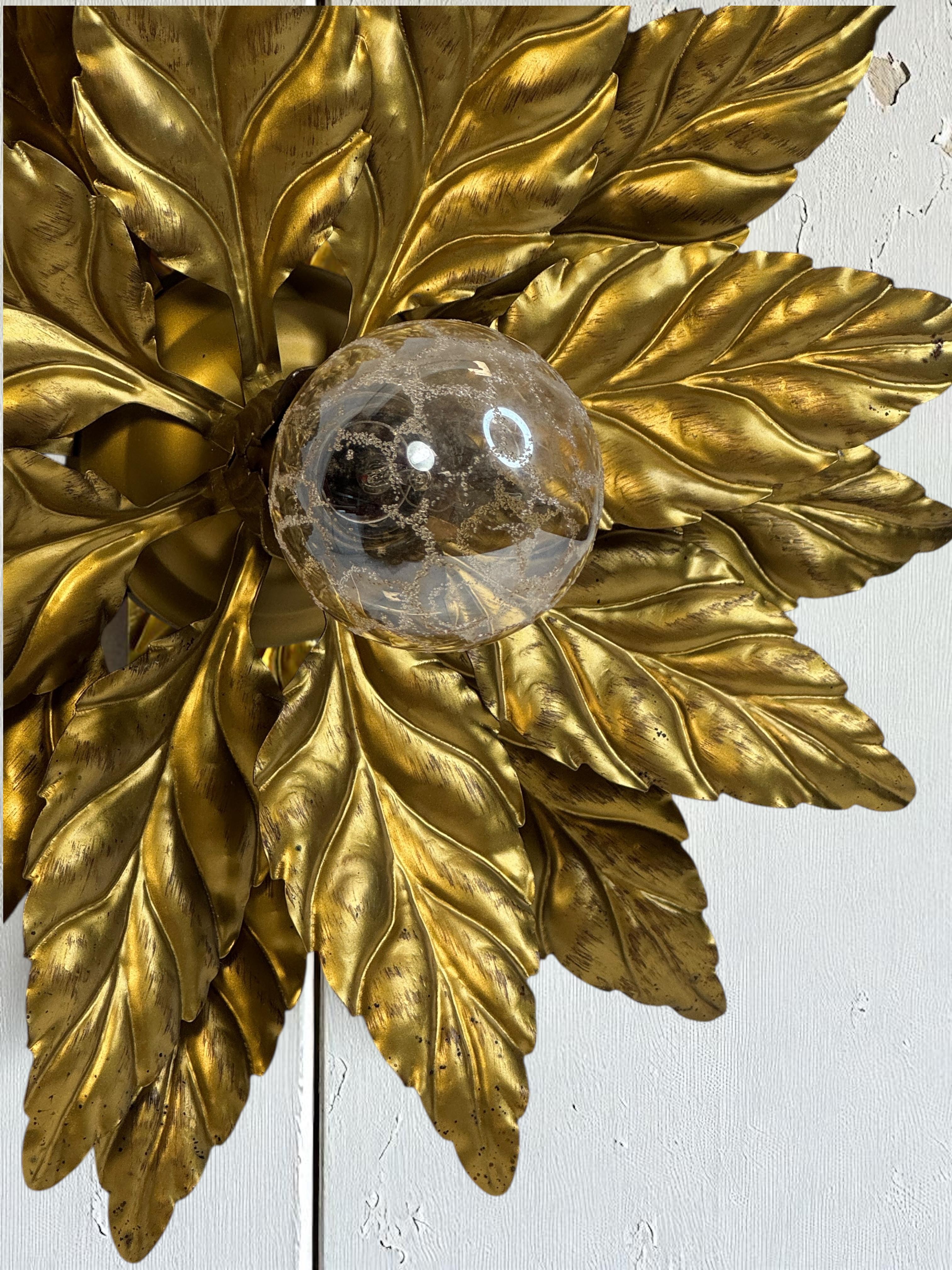Gorgeous Kogl Koegl Gilt Leaf Tole Flush Mount Light Hollywood Regency, 1960s For Sale 7