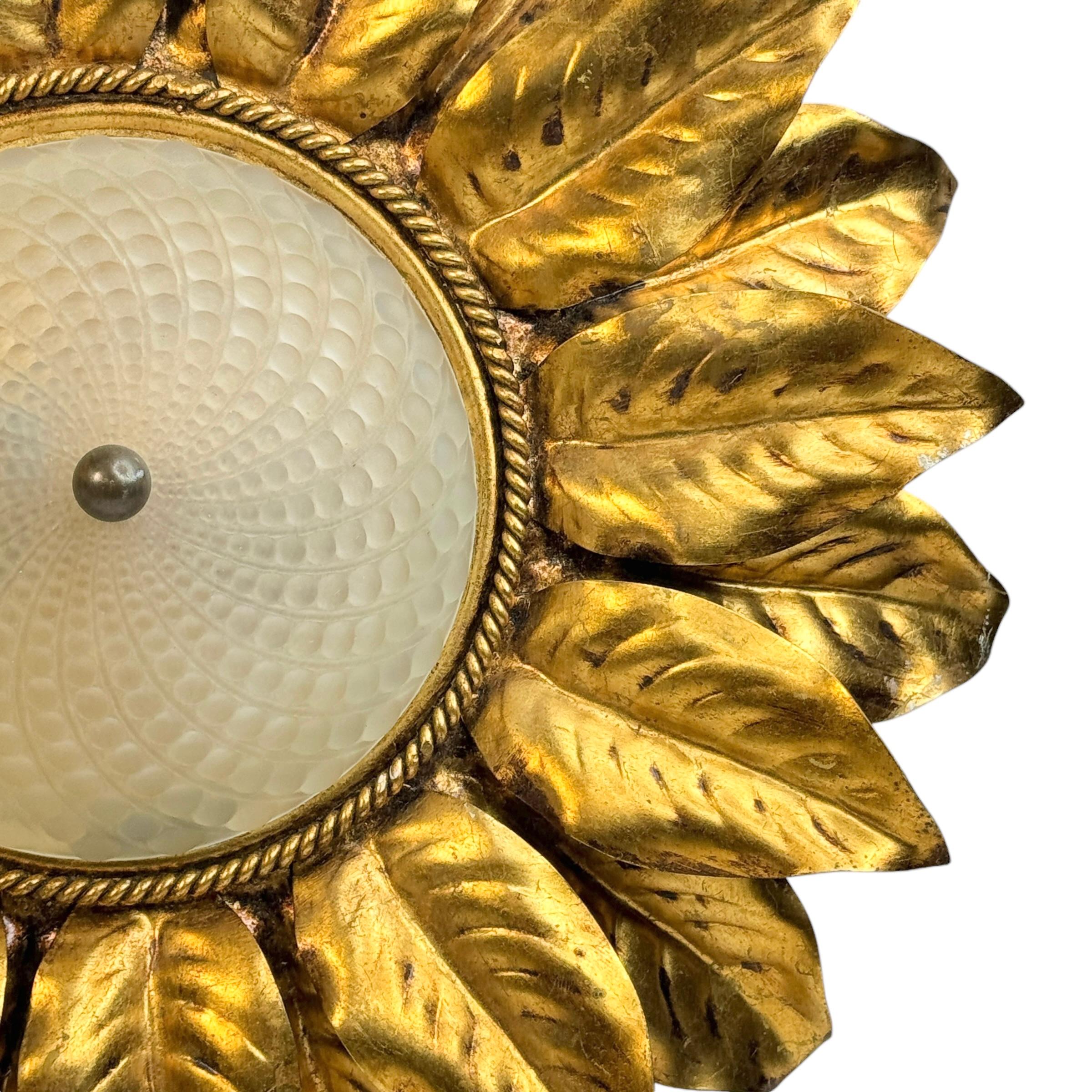 Gorgeous Kogl Koegl Gilt Leaf Tole Flush Mount Light Hollywood Regency, 1960s For Sale 8