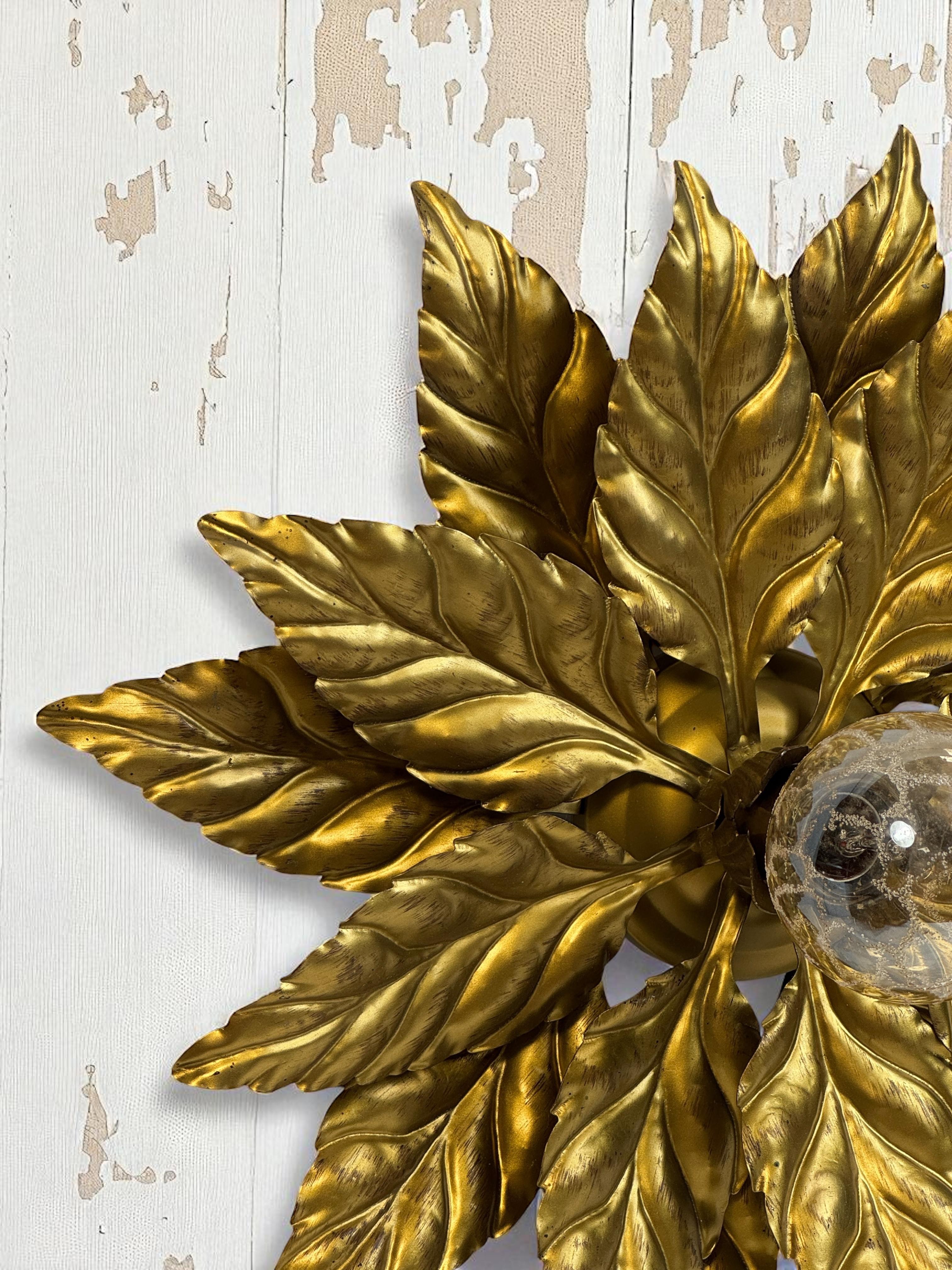 Gorgeous Kogl Koegl Gilt Leaf Tole Flush Mount Light Hollywood Regency, 1960s For Sale 9
