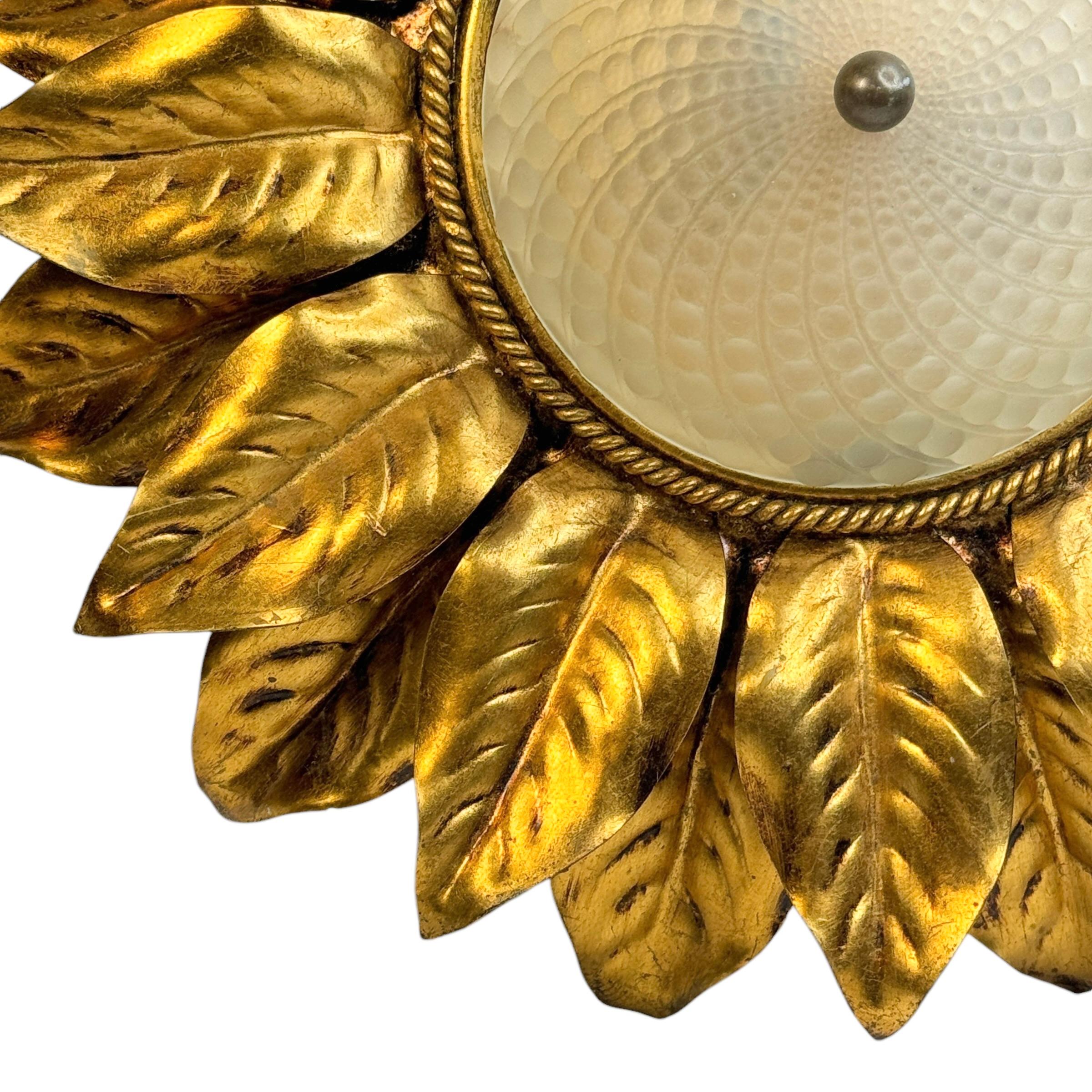 Gorgeous Kogl Koegl Gilt Leaf Tole Flush Mount Light Hollywood Regency, 1960s For Sale 10