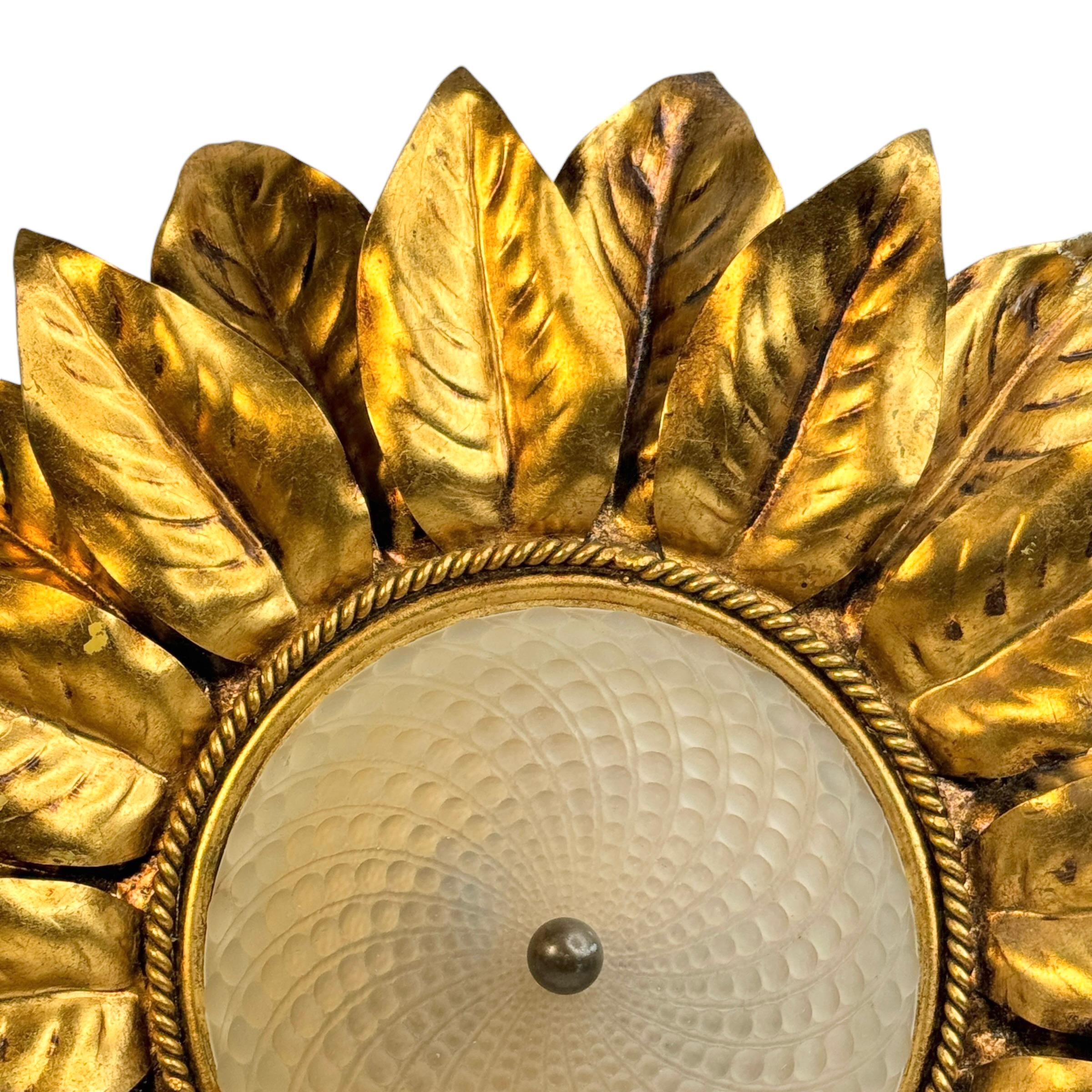 Gorgeous Kogl Koegl Gilt Leaf Tole Flush Mount Light Hollywood Regency, 1960s For Sale 12