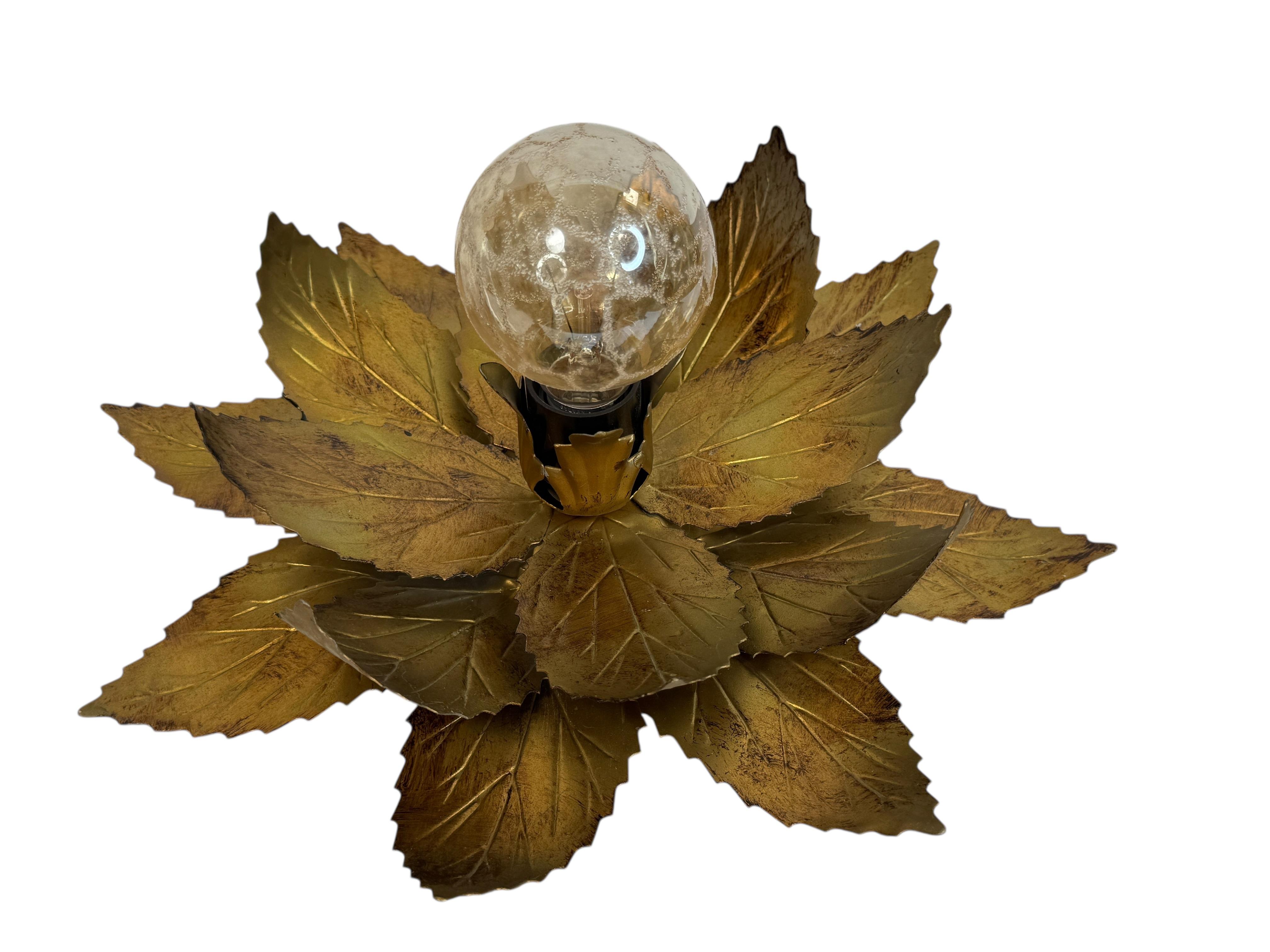 German Gorgeous Kogl Koegl Gilt Leaf Tole Flush Mount Light Hollywood Regency, 1960s For Sale