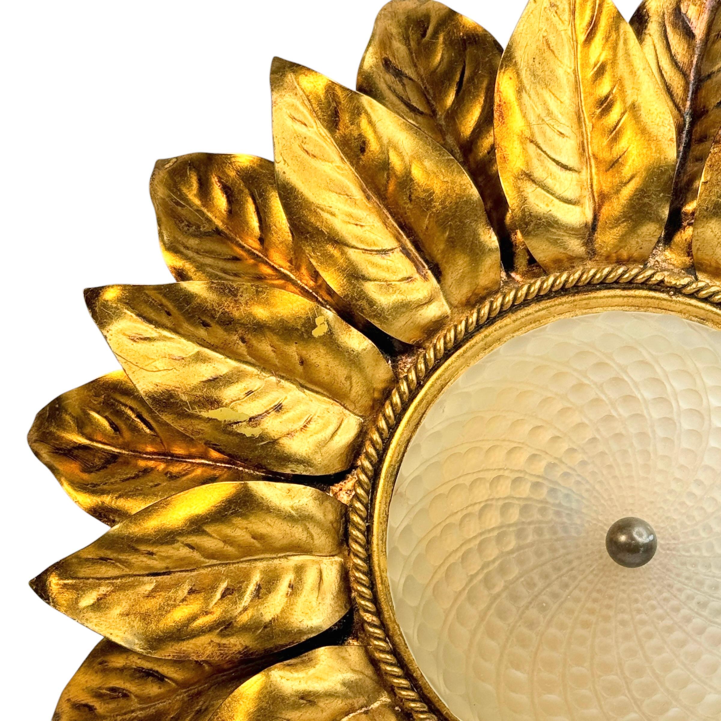 Mid-20th Century Gorgeous Kogl Koegl Gilt Leaf Tole Flush Mount Light Hollywood Regency, 1960s For Sale