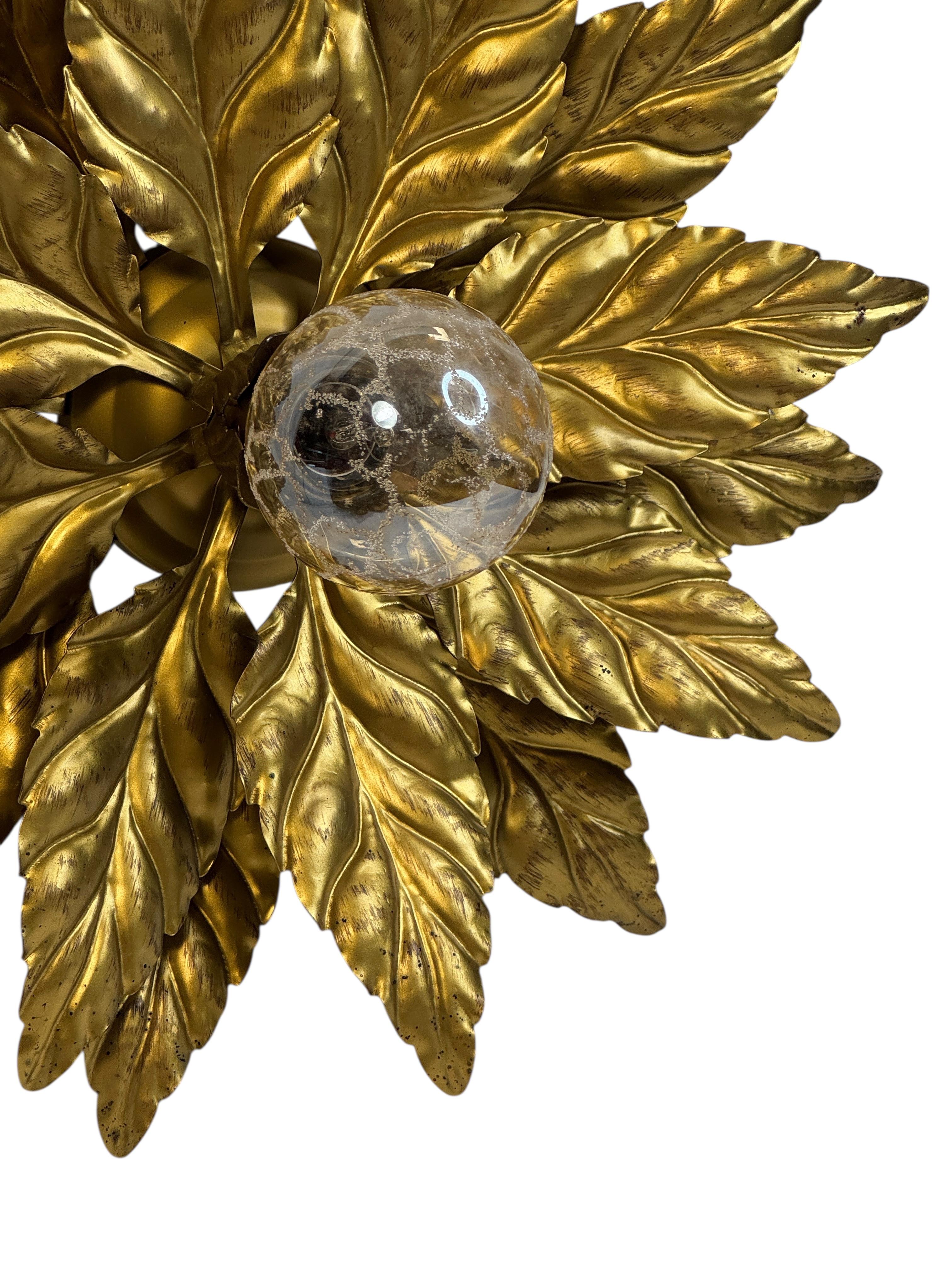 Mid-20th Century Gorgeous Kogl Koegl Gilt Leaf Tole Flush Mount Light Hollywood Regency, 1960s For Sale