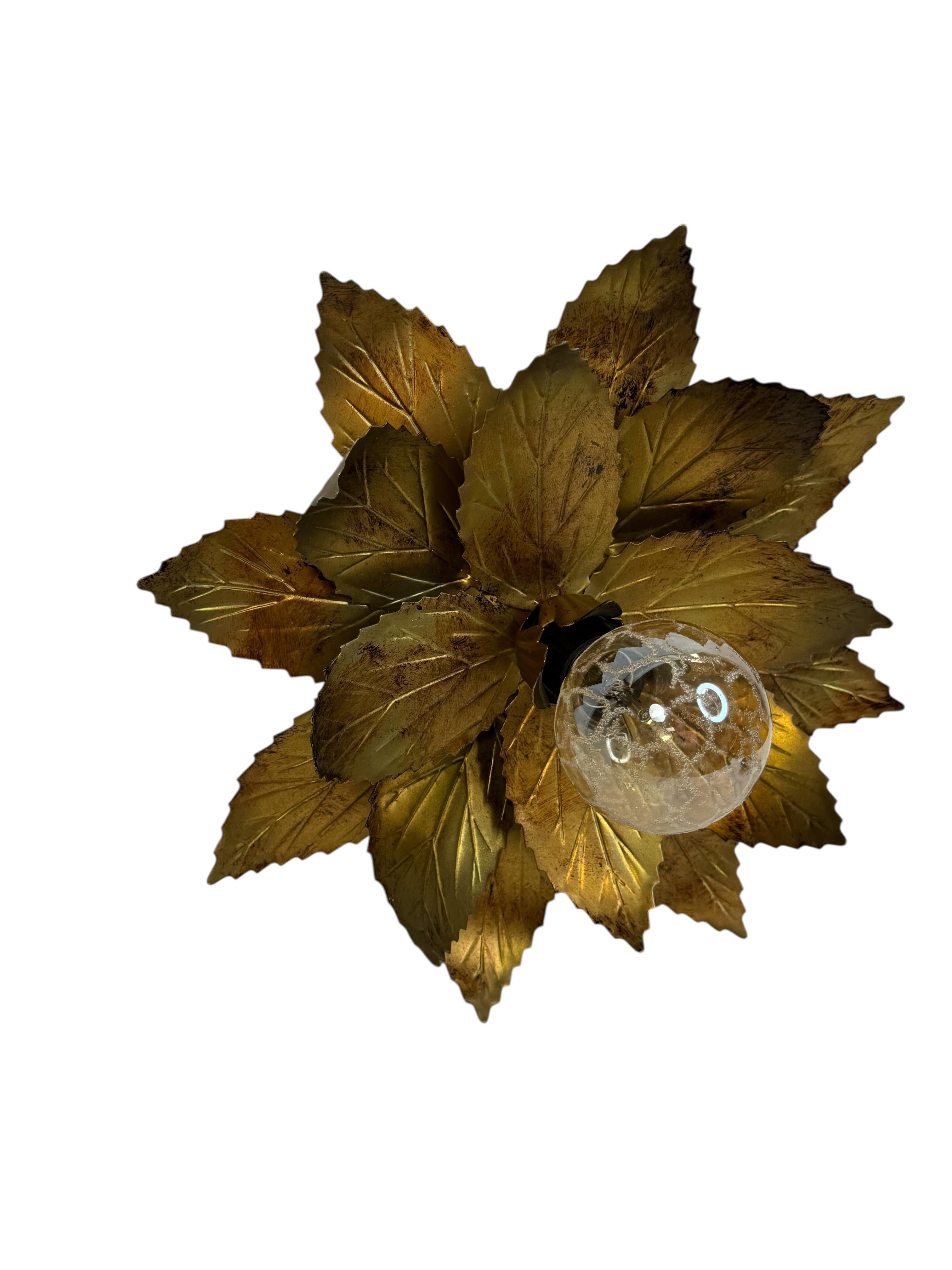 Mid-20th Century Gorgeous Kogl Koegl Gilt Leaf Tole Flush Mount Light Hollywood Regency, 1960s For Sale
