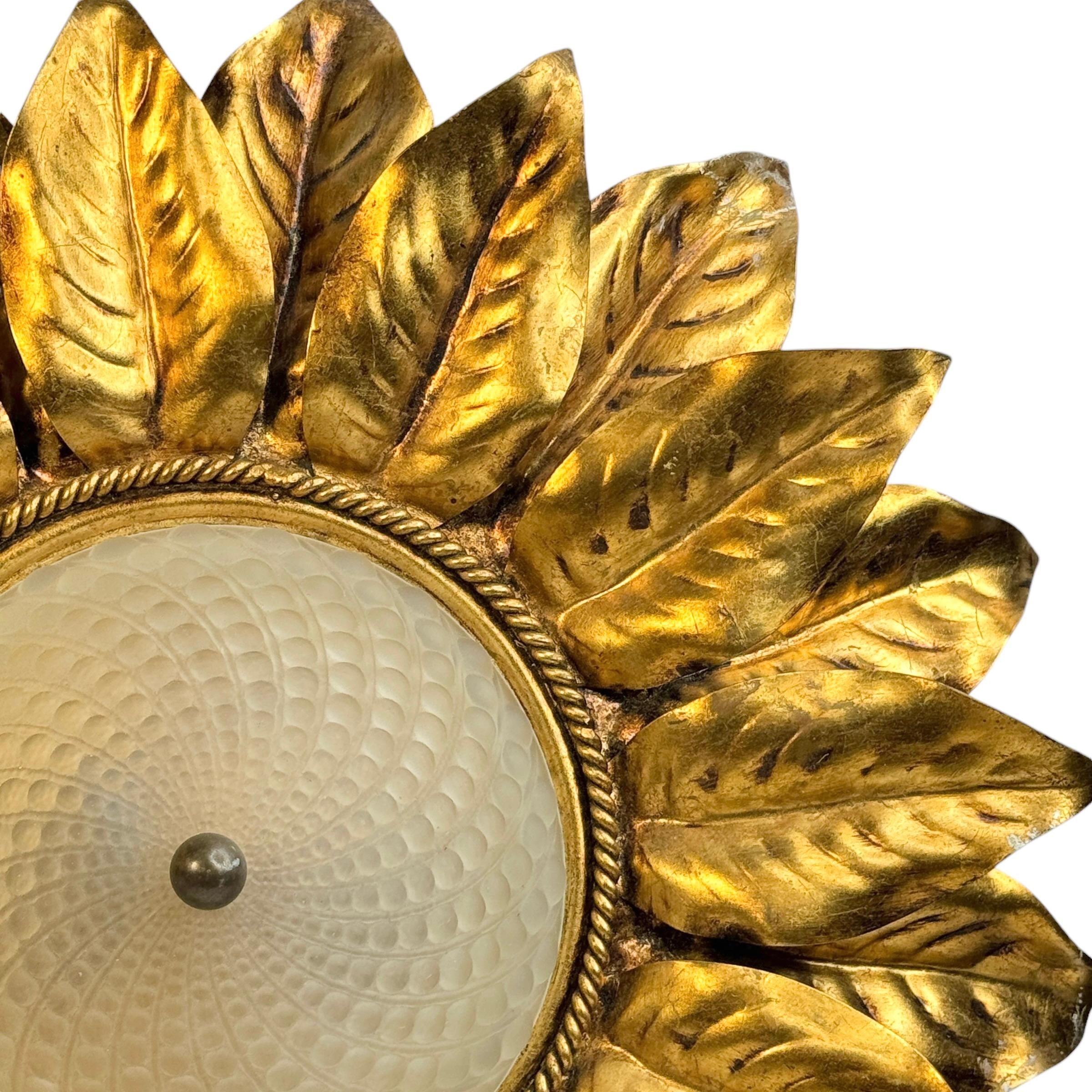 Metal Gorgeous Kogl Koegl Gilt Leaf Tole Flush Mount Light Hollywood Regency, 1960s For Sale